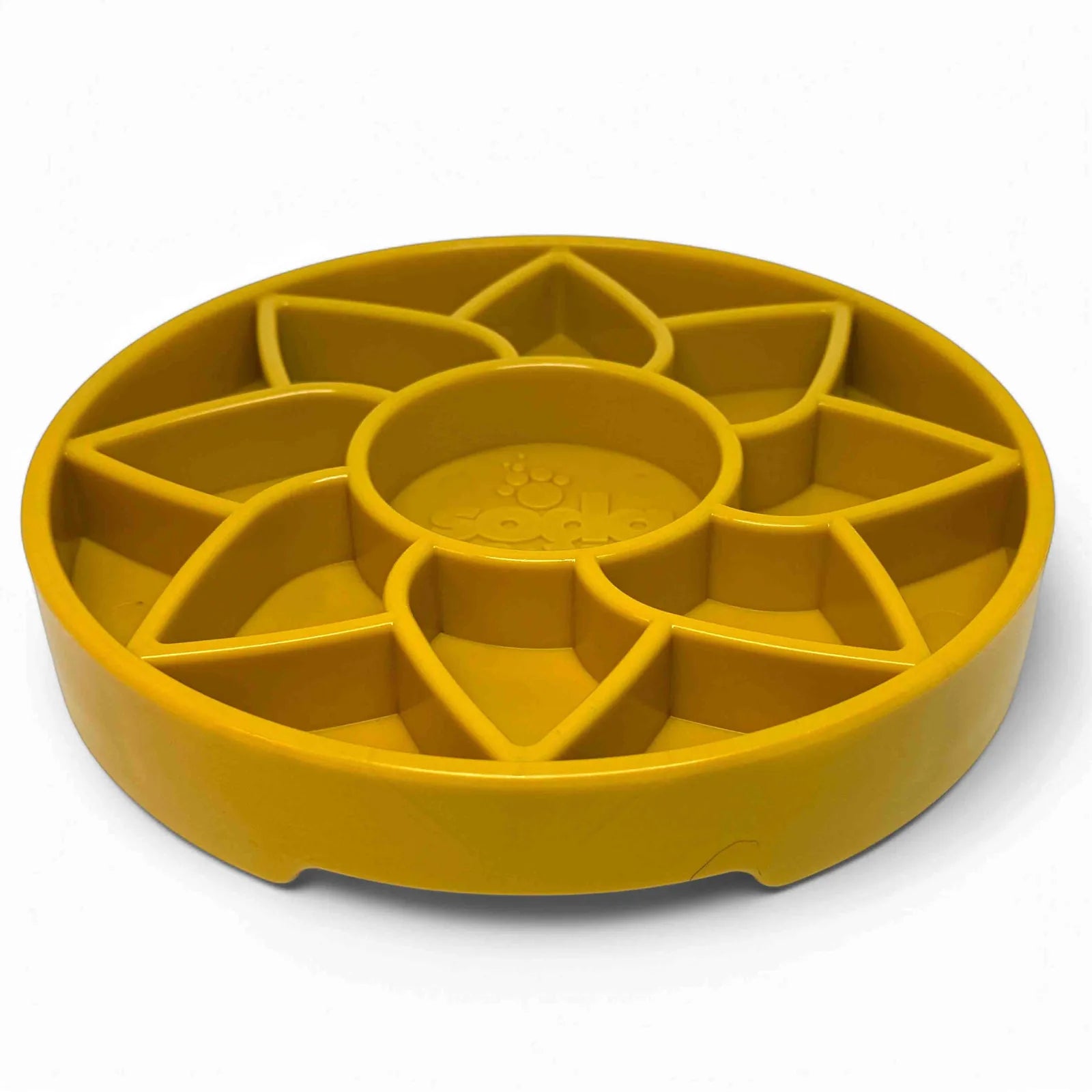 Bright yellow sunflower-shaped slow feeder dog bowl with raised petal patterns for enriching mealtime.