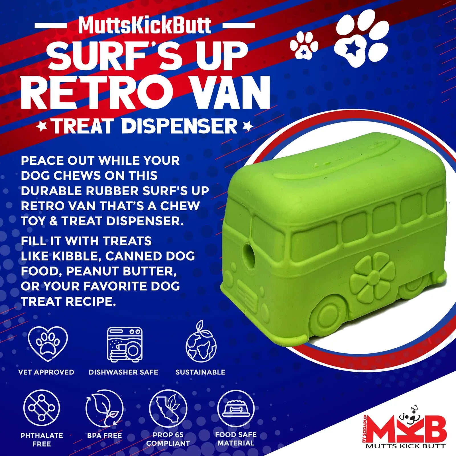 Bright green retro van-shaped rubber dog toy and treat dispenser, durable and designed for large dogs, promoting interacti...
