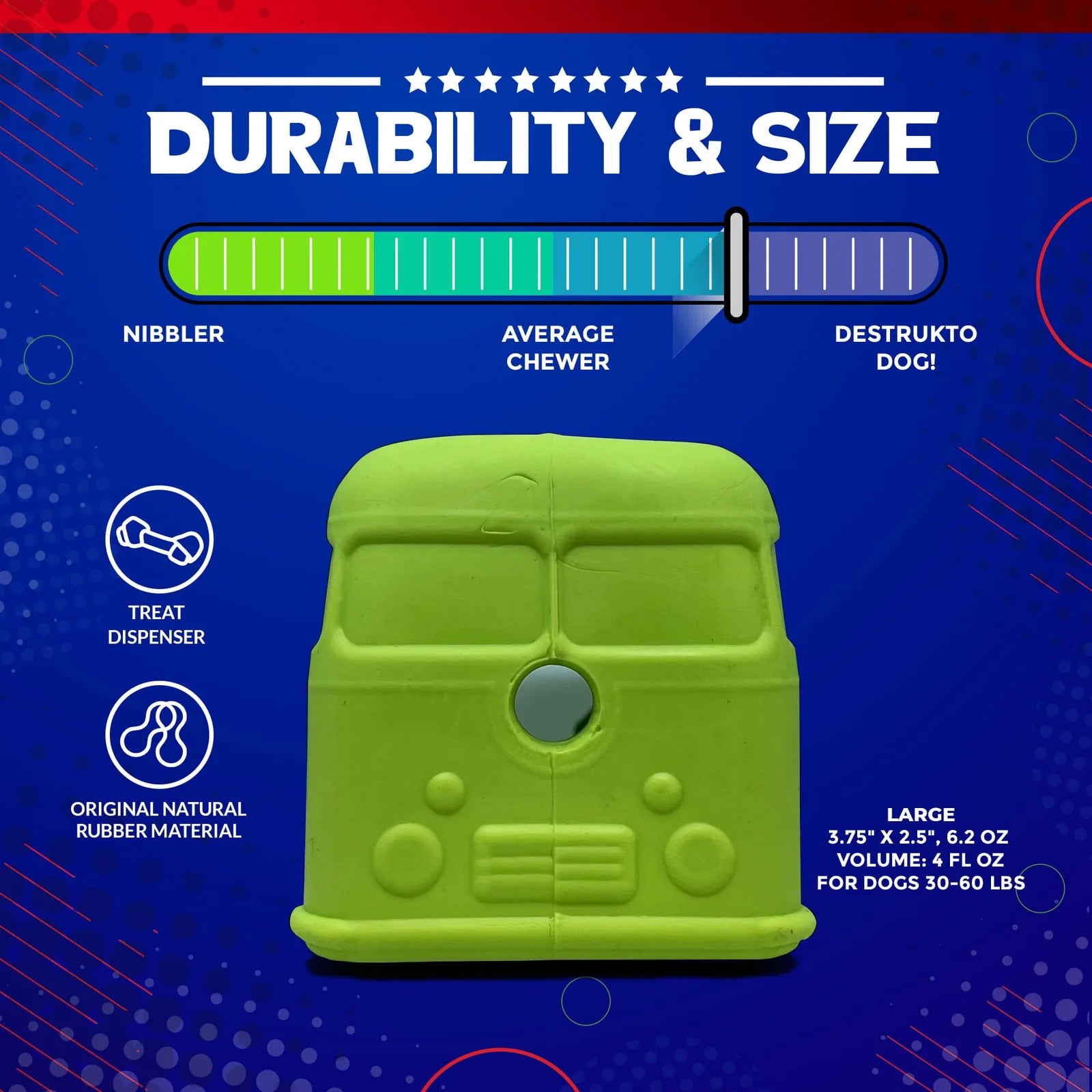 Bright green rubber chew toy shaped like a retro van, featuring a treat dispenser hole, ideal for large, heavy chewers.