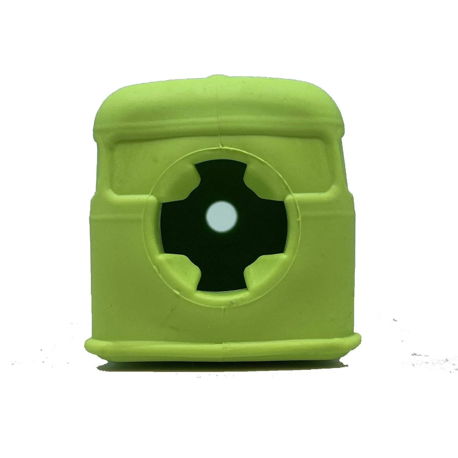 Bright green retro van-shaped chew toy made of durable rubber, featuring a central hole for treats and play.