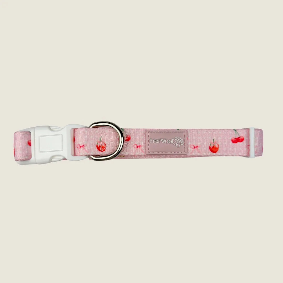 Adjustable pink collar with cherry pattern, neoprene padding, and durable polyester webbing by EverWoof.