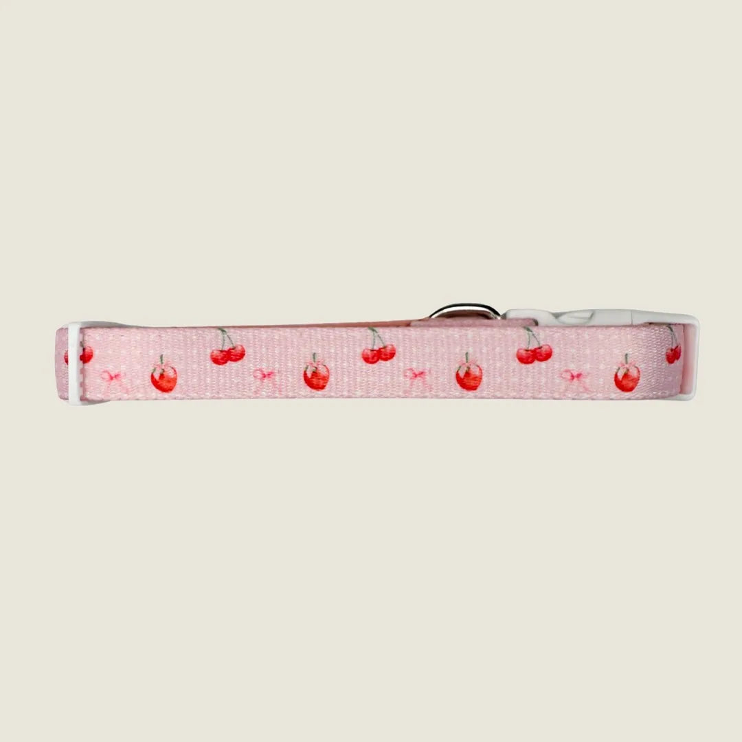 Adjustable dog collar in soft pink with cherry pattern; features neoprene padding and durable polyester webbing.