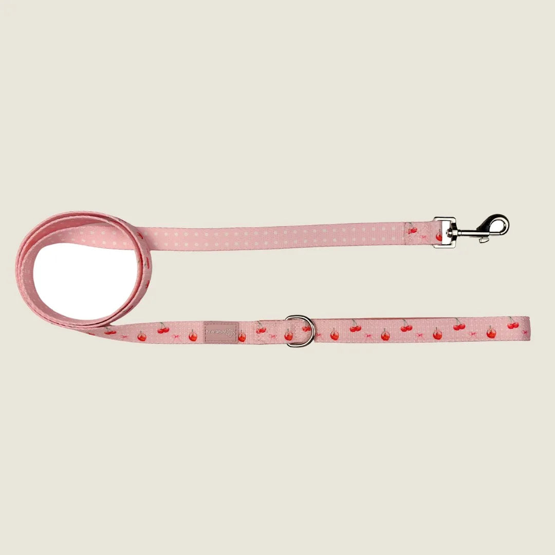 Pink dog leash with cherry patterns and polka dots, featuring a zinc alloy clip and neoprene padded handle.