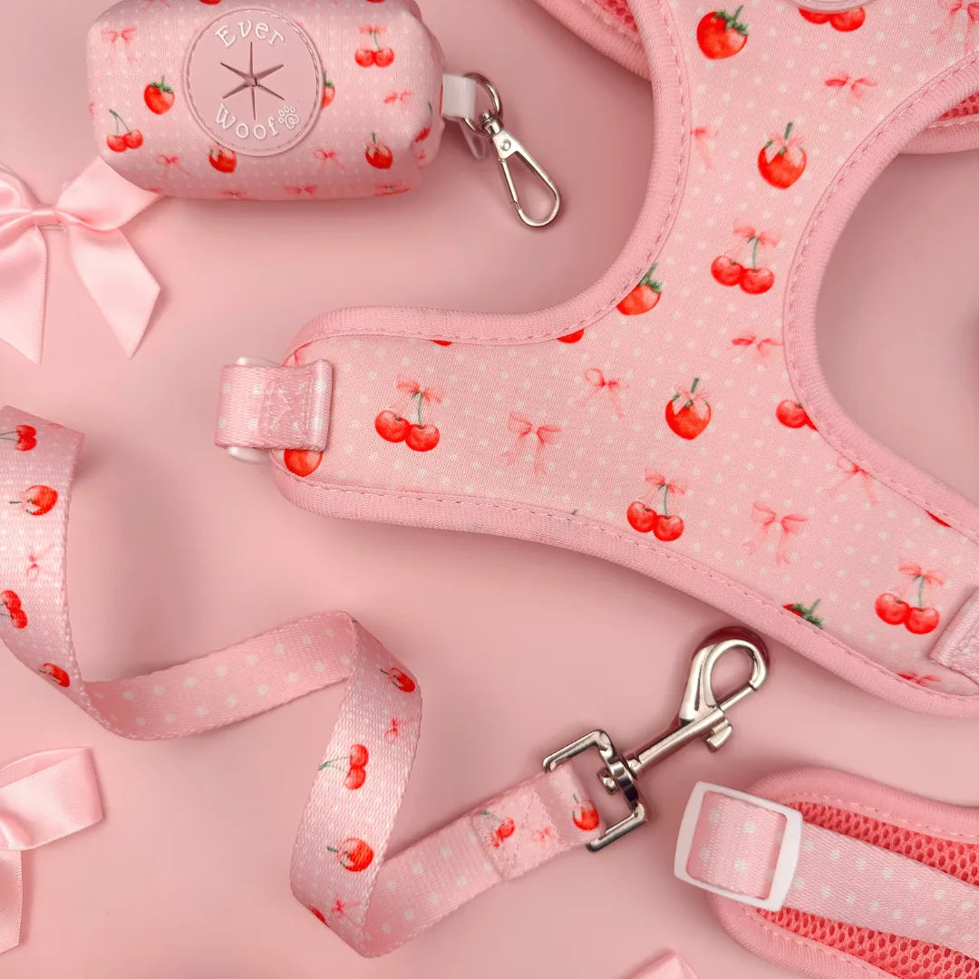 Sweet Chérie leash by EverWoof, featuring a cherry pattern on pink fabric, with a clip for attaching accessories.