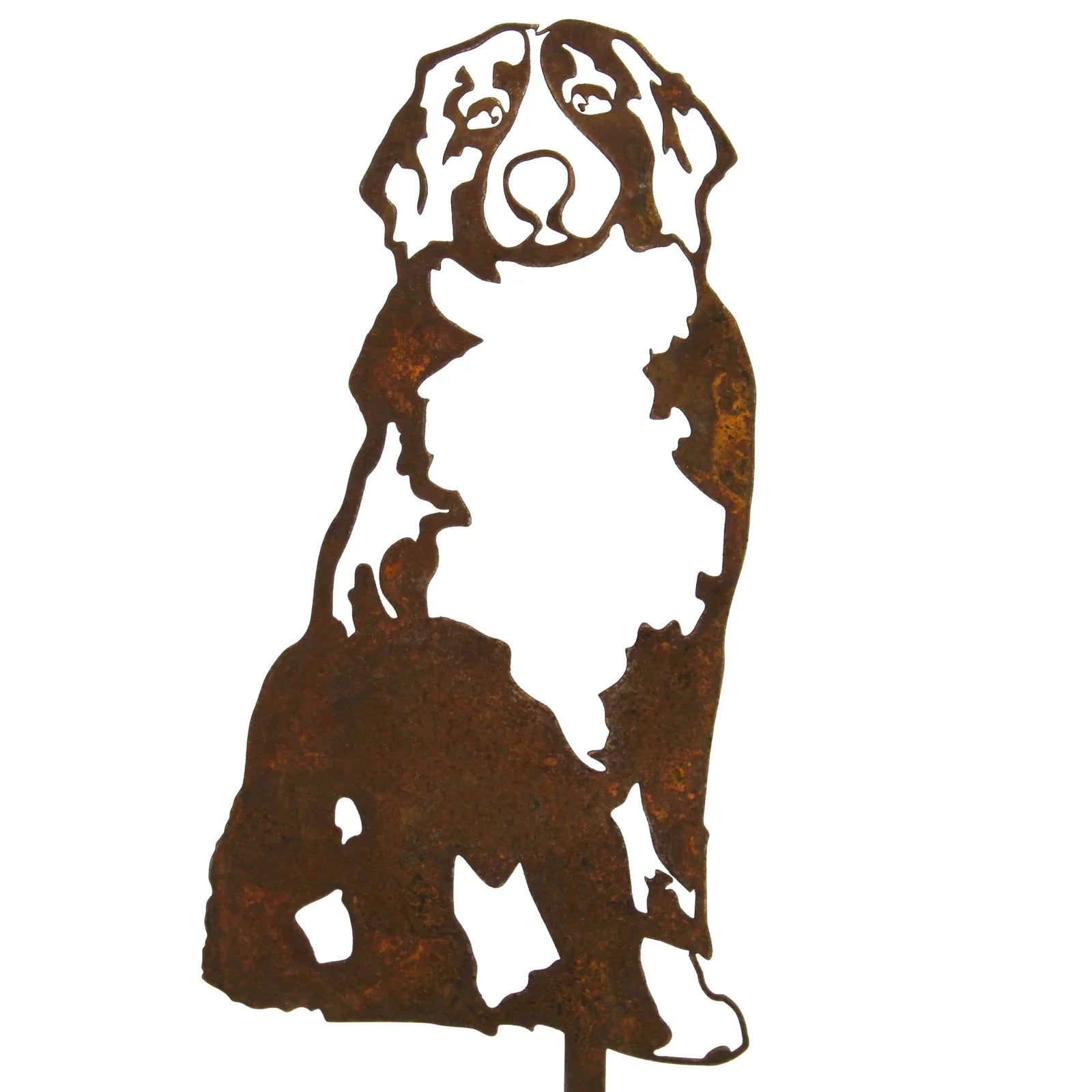 Rustic Swiss Mountain Dog silhouette in weathered Corten steel, perfect for outdoor decor and dog lovers.