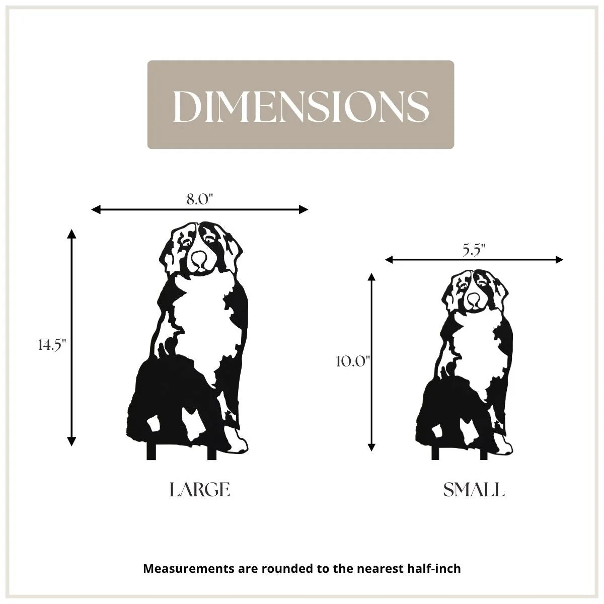 Dimensions of Swiss Mountain Dog silhouette decor, showcasing sizes Small (10.0") and Large (14.5") in black metal.