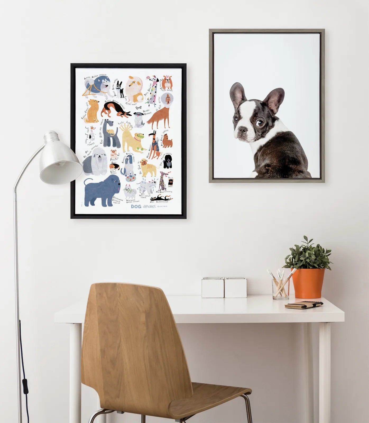 Framed artwork featuring a French Bulldog portrait with a light background, complementing a lively dog-themed wall collage.