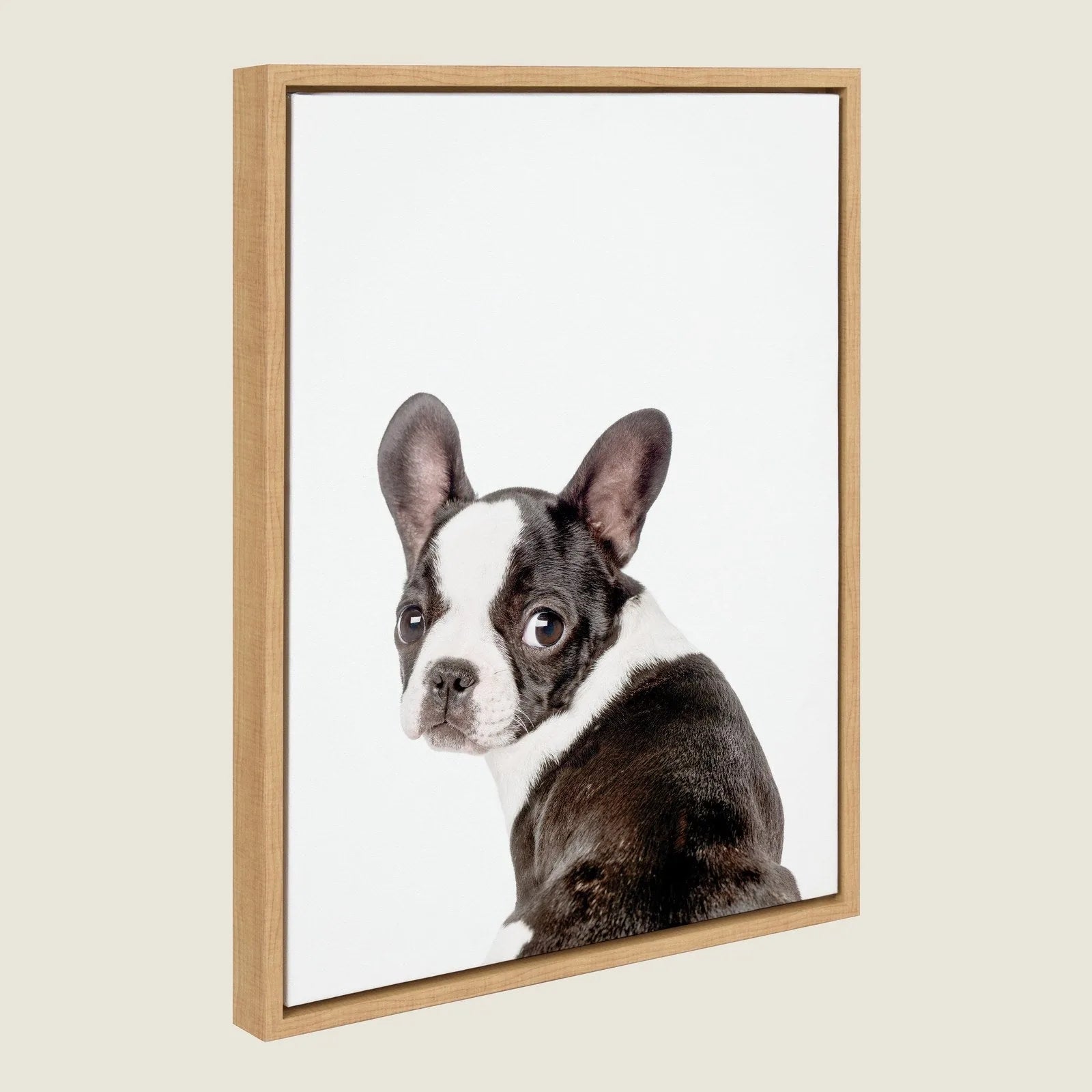 Charming French Bulldog illustration framed in lightweight natural wood, perfect for home decor or gifts.