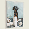 Sylvie Cute Dachshund Dog Toilet Paper Rolls Blue Teal Bathroom Art Framed Canvas by The Creative Bunch Studio
