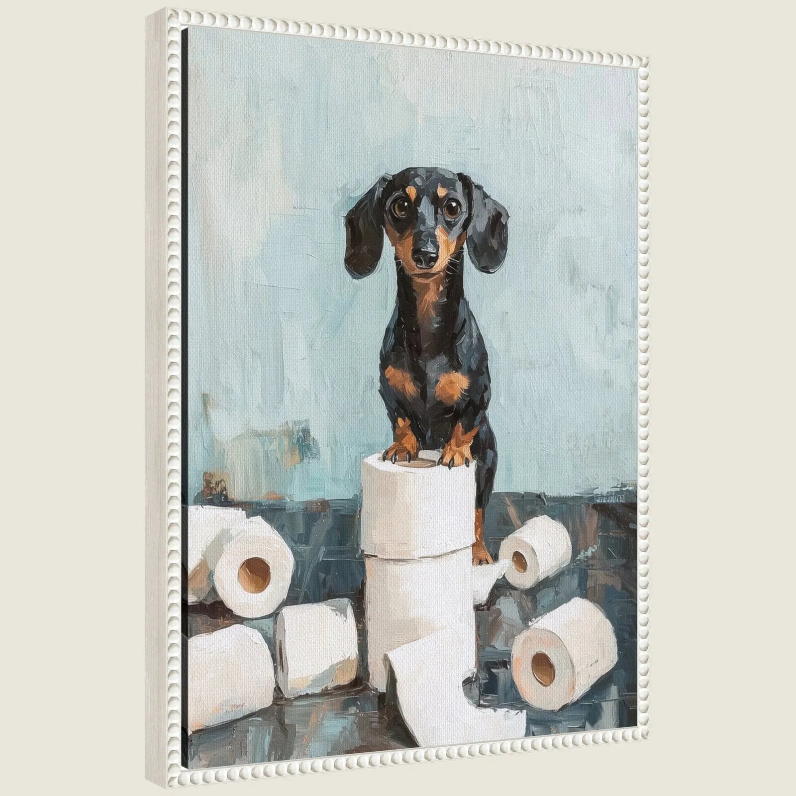 Framed canvas art featuring a playful black and tan dachshund on toilet paper rolls against a blue background.