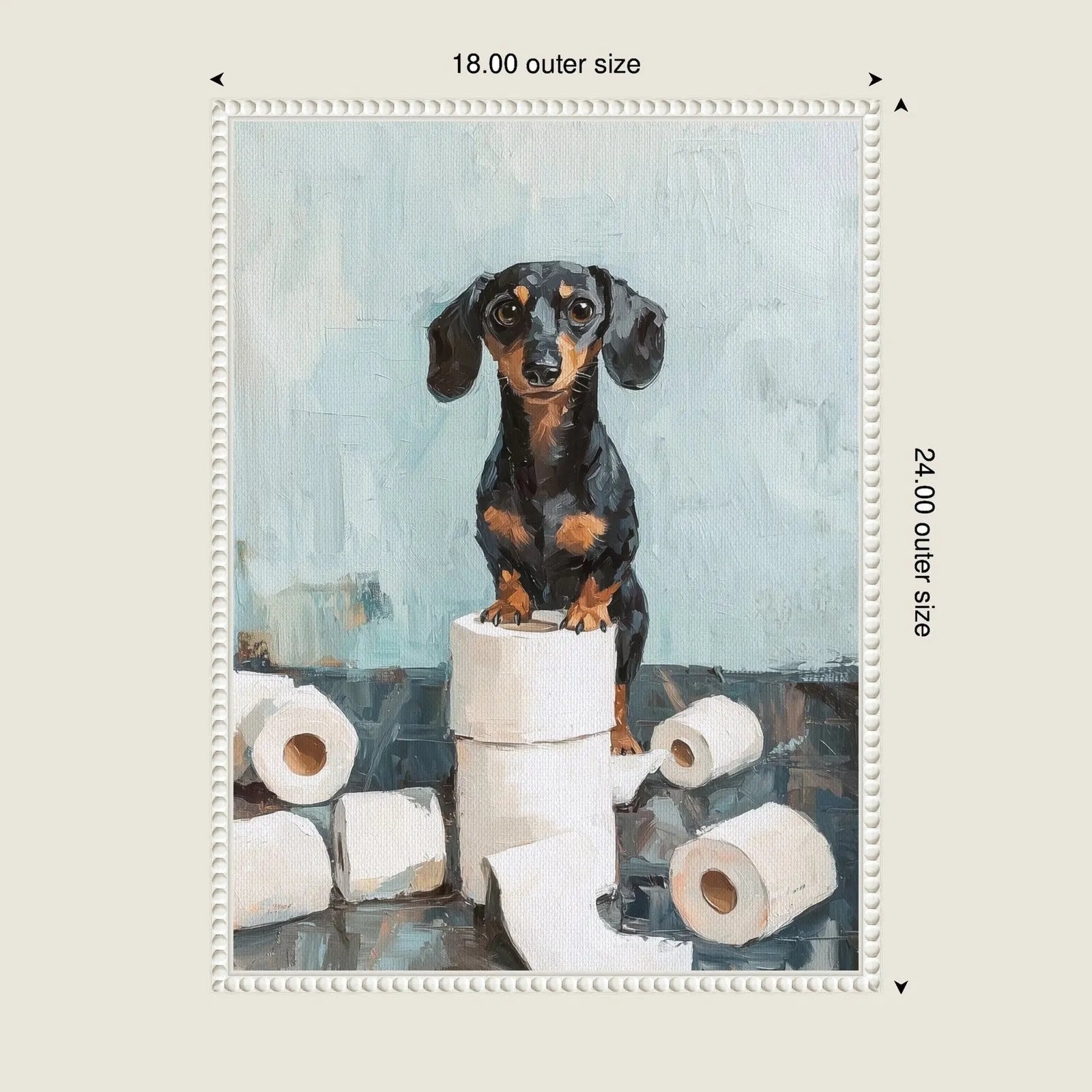Playful dachshund on a white toilet paper roll surrounded by rolls, set against a blue background in framed canvas art.
