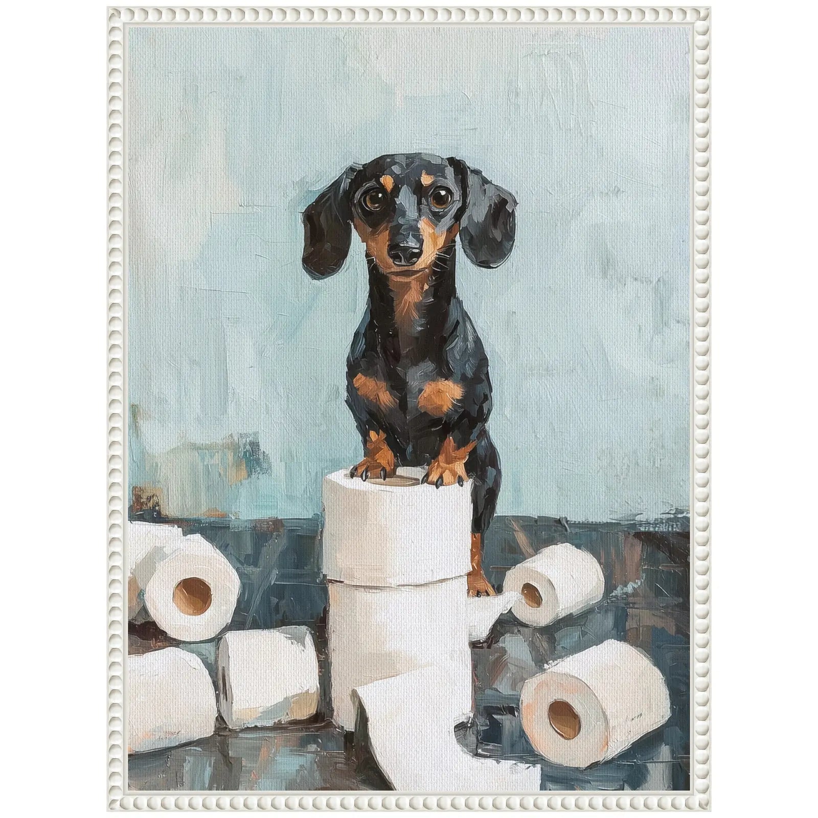 Playful dachshund standing on a toilet paper roll surrounded by more rolls, set against a teal background in a framed canvas.