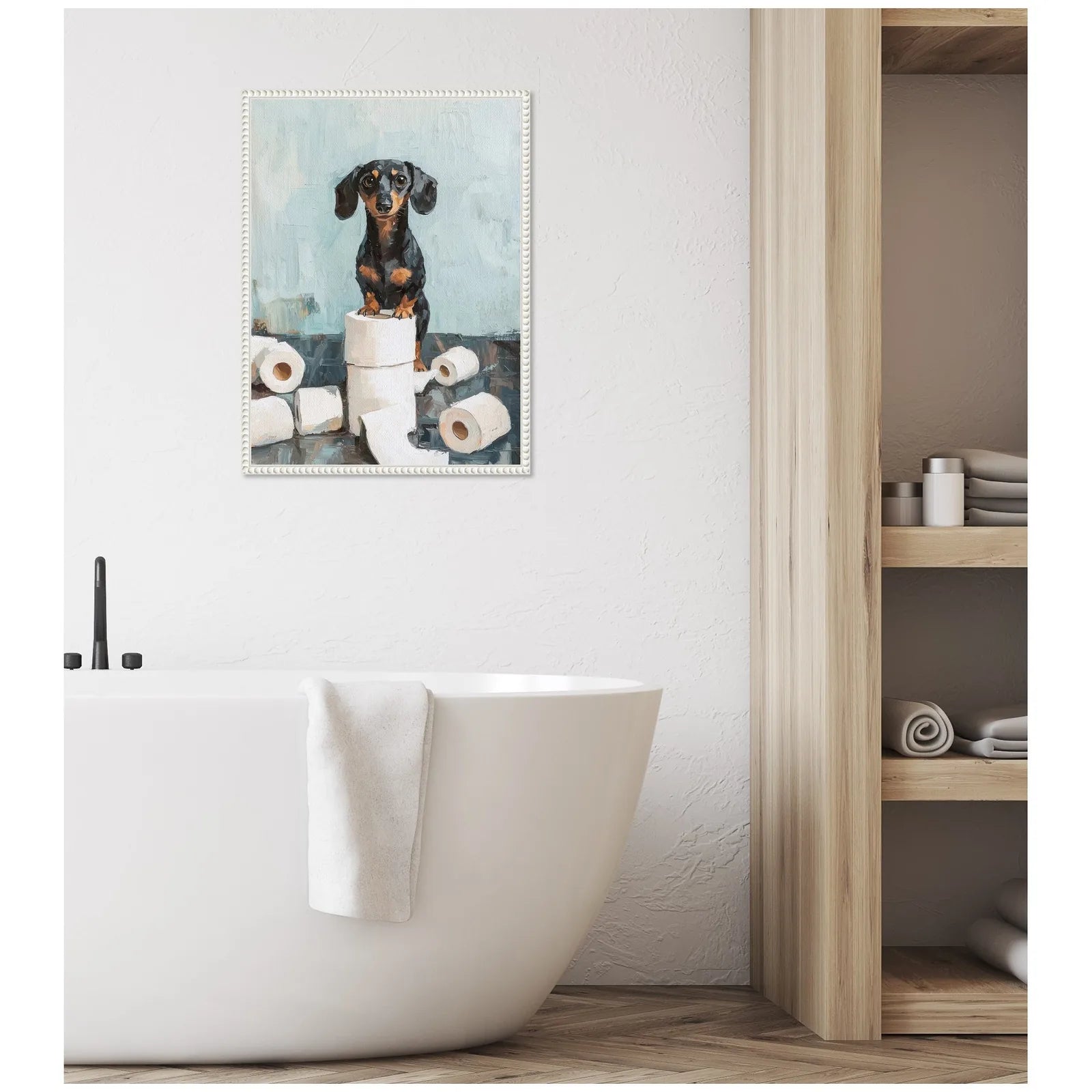 Framed canvas art featuring a playful black dachshund on toilet paper rolls, set against a blue background.