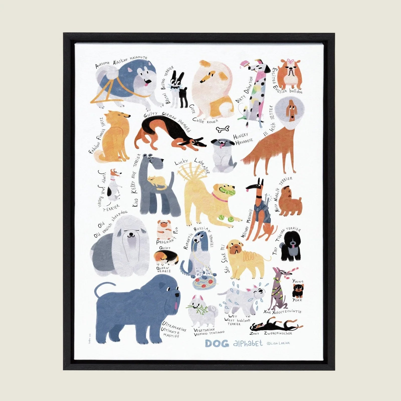 Whimsical dog alphabet art showcasing various breeds, framed in black, perfect for home decor.