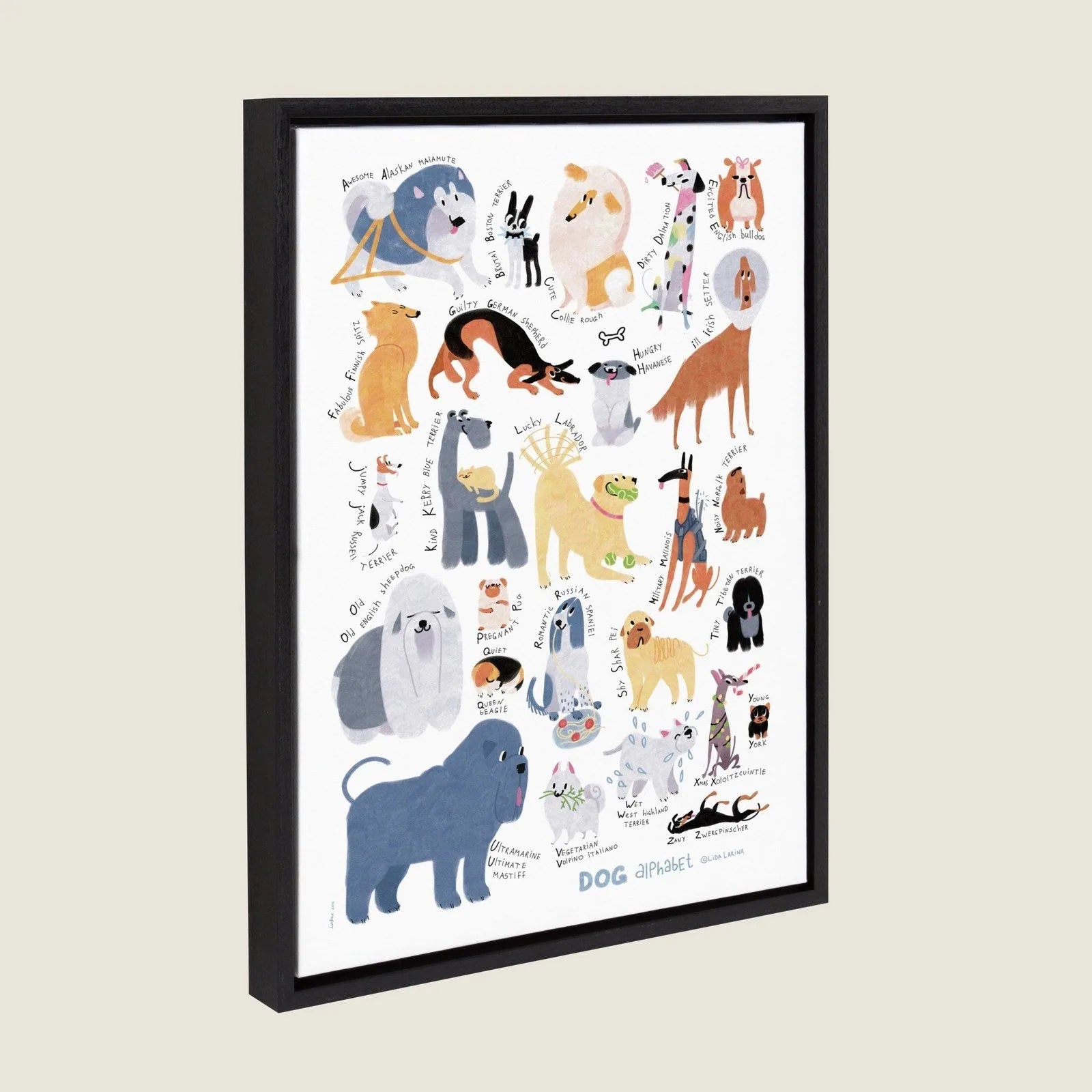 Whimsical framed canvas art featuring colorful dog breeds in an engaging alphabet design, set in a black woodgrain frame.