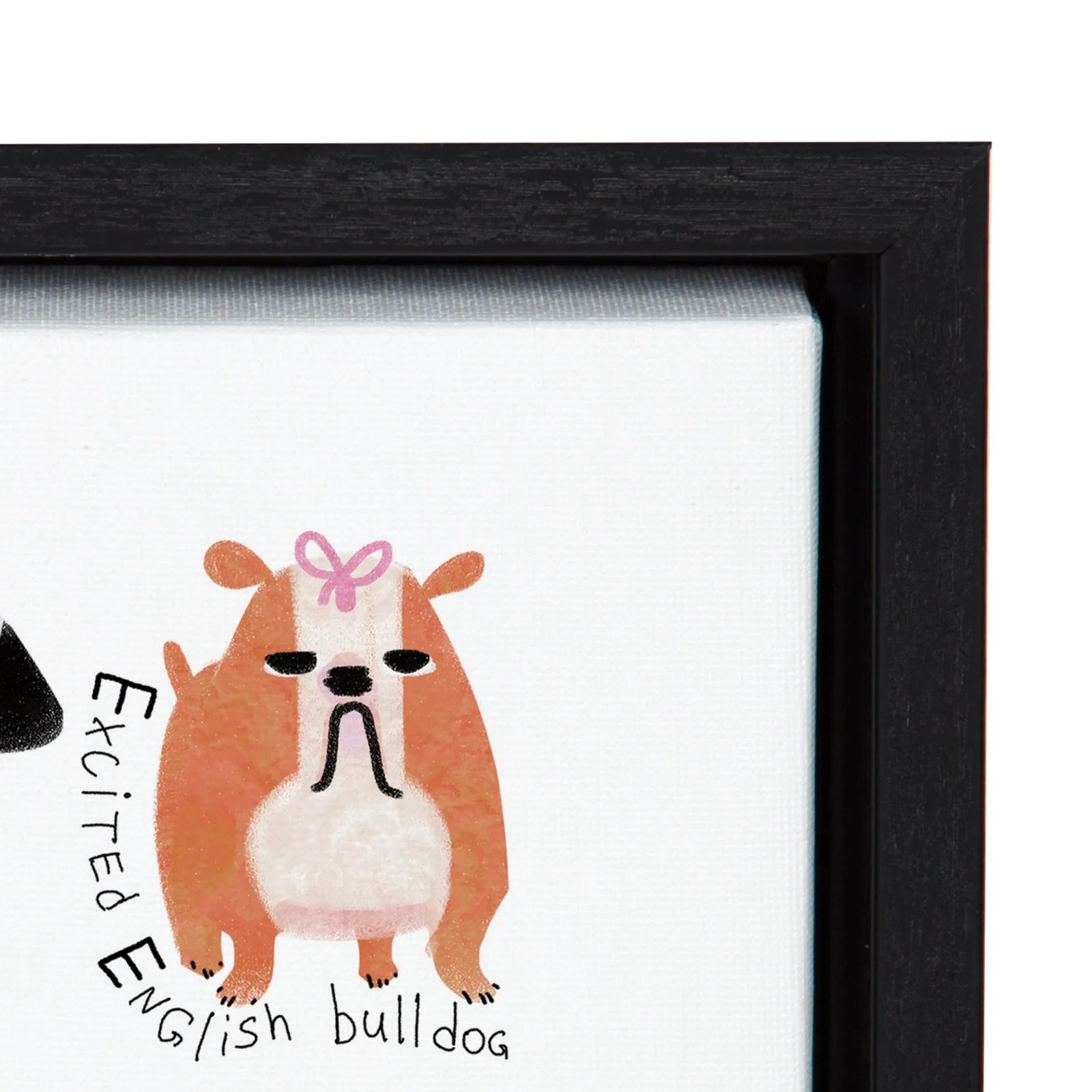Framed canvas featuring a whimsical excited English bulldog illustration with a bow, set in a black woodgrain-like frame.