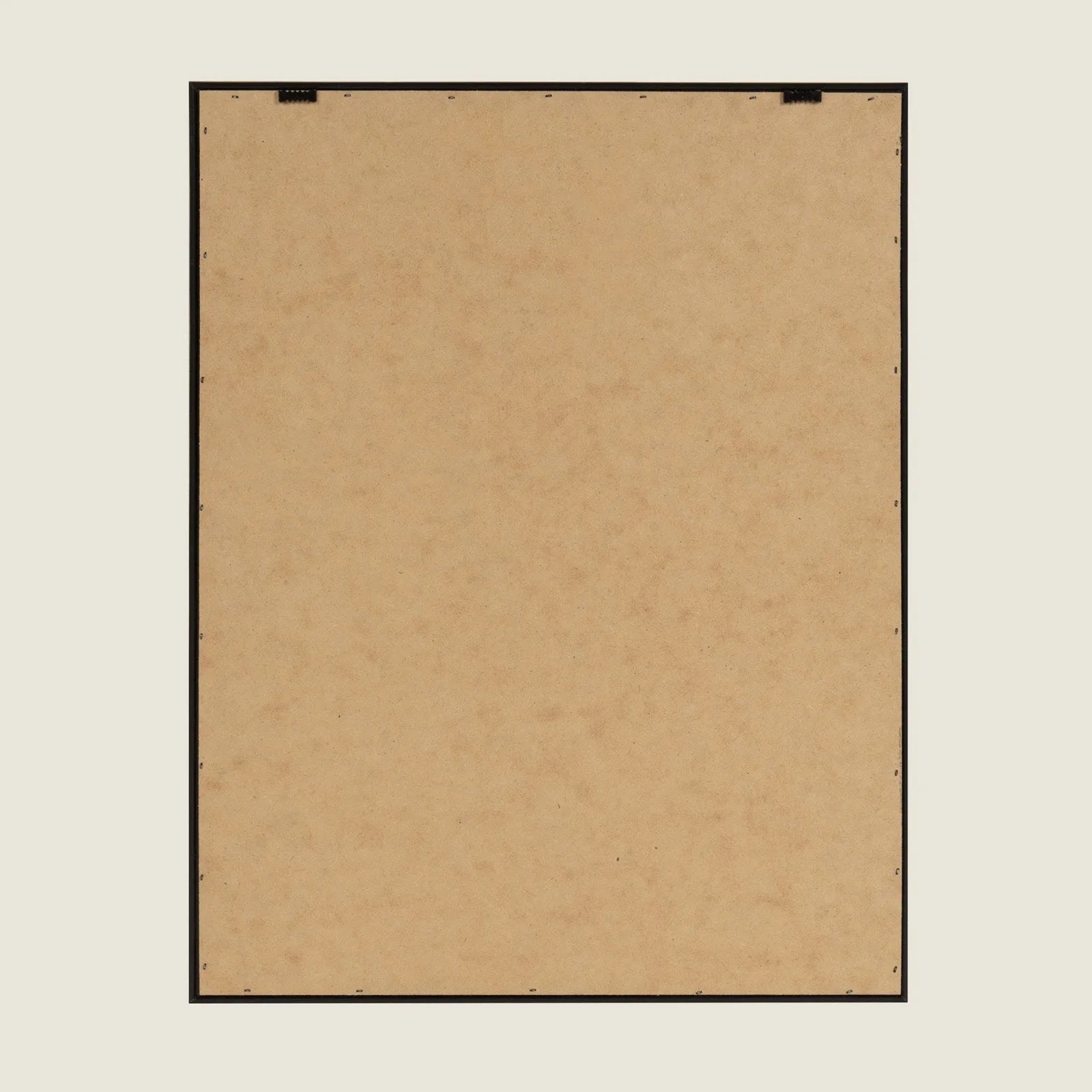 Brown backing of a framed canvas with black woodgrain-like frame, ready for hanging. Ideal for dog-themed decor.