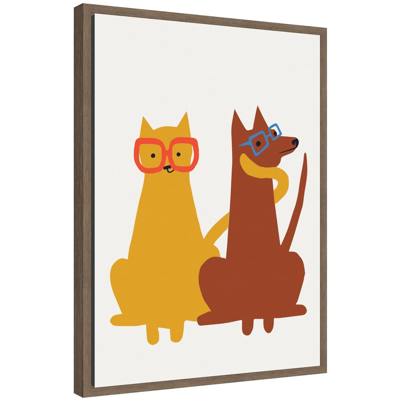 Framed canvas art featuring a yellow cat and brown dog wearing glasses, perfect for pet lovers' decor.