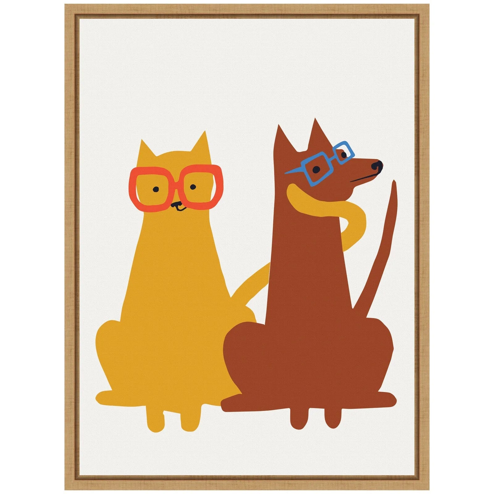 Framed canvas art featuring a playful yellow cat and brown dog wearing glasses, set against a white background.