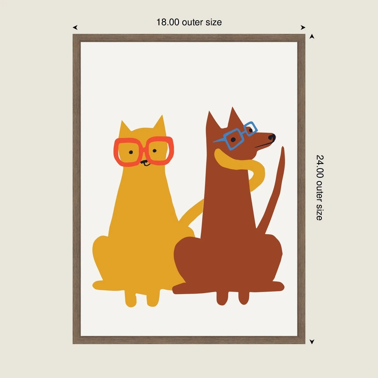 Framed canvas art features a playful cat and dog with bright colors and oversized glasses against a neutral background.