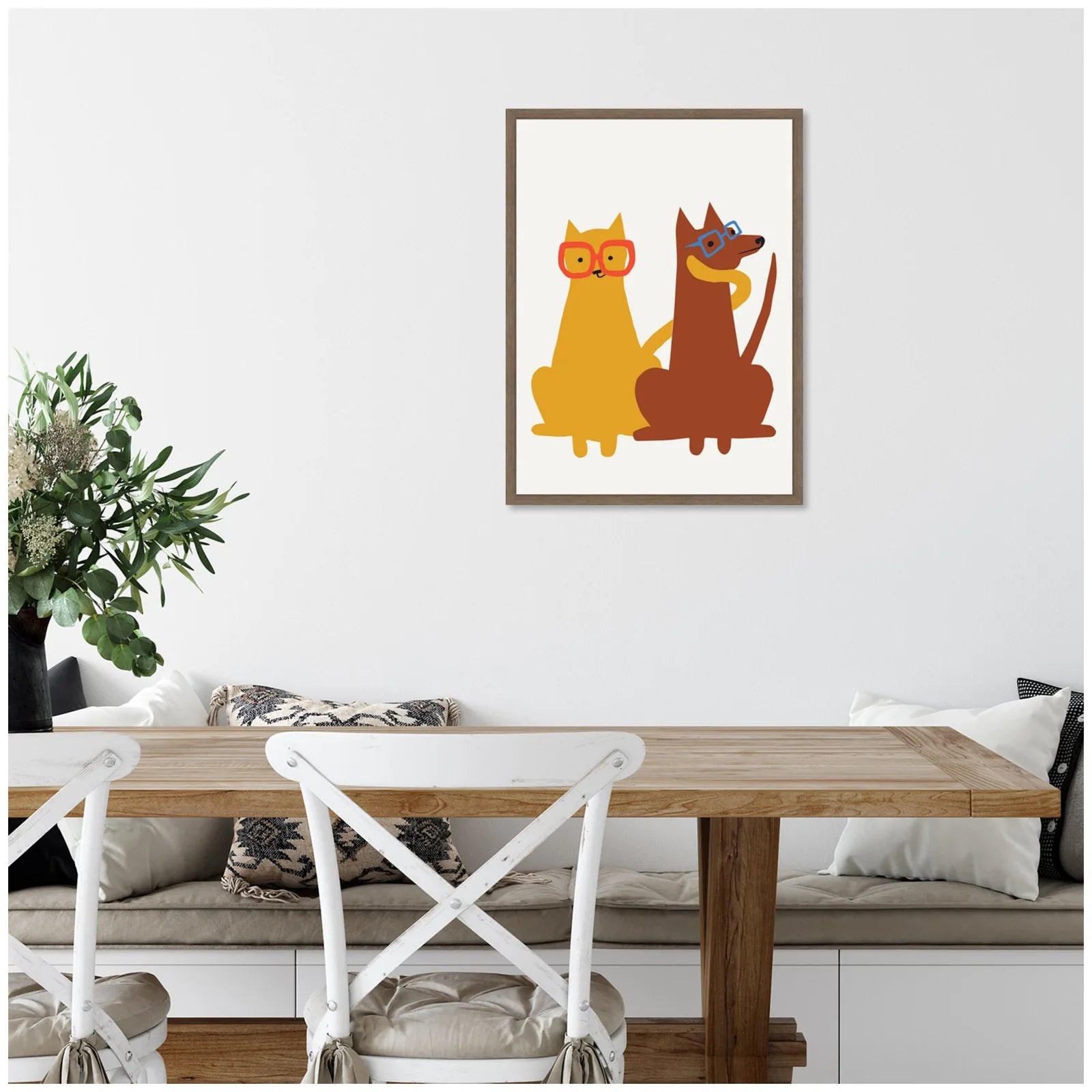 Framed canvas art featuring a playful yellow cat and brown dog with glasses, adding charm to any room.