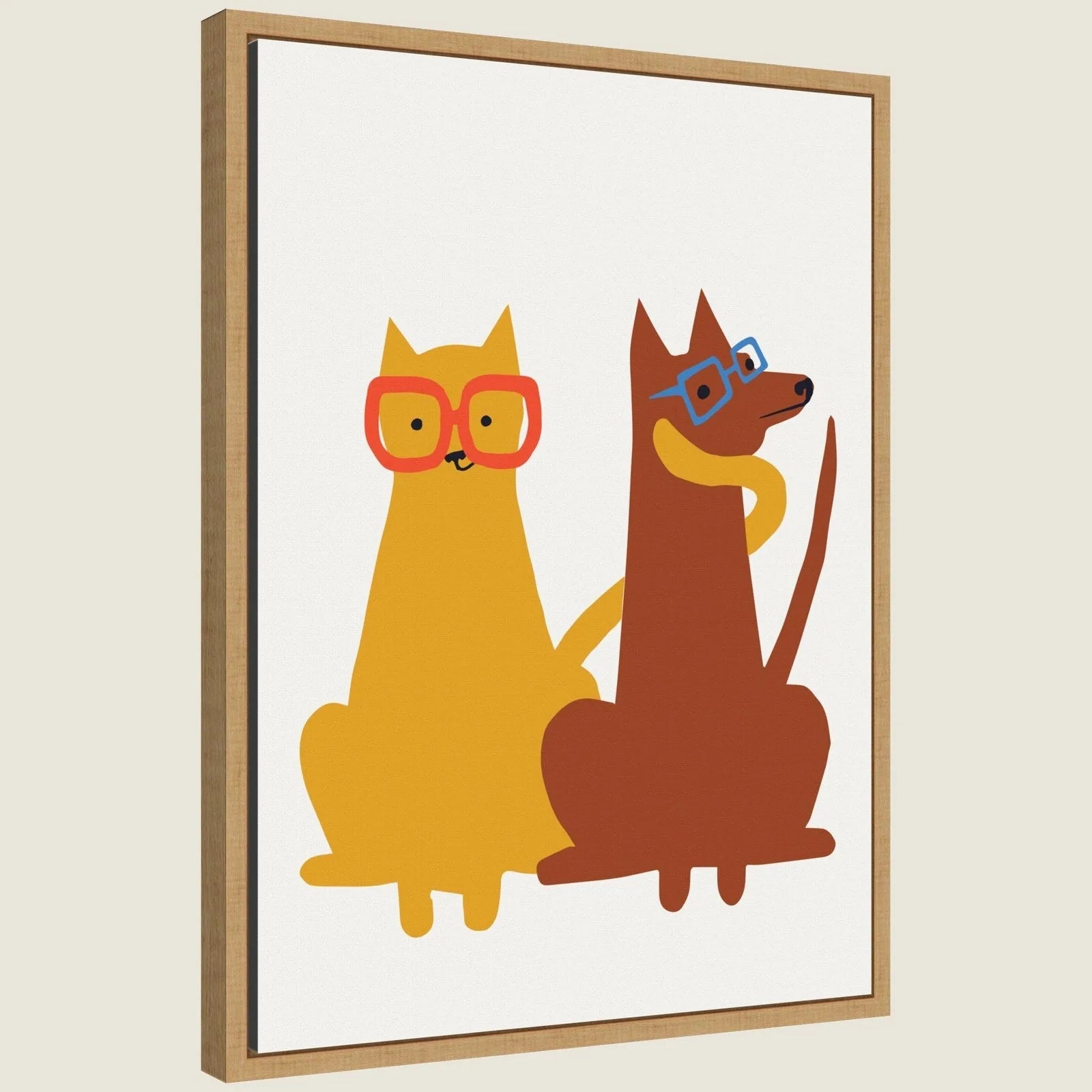 Colorful framed canvas featuring a yellow cat and brown dog wearing glasses, with a modern floating frame design.