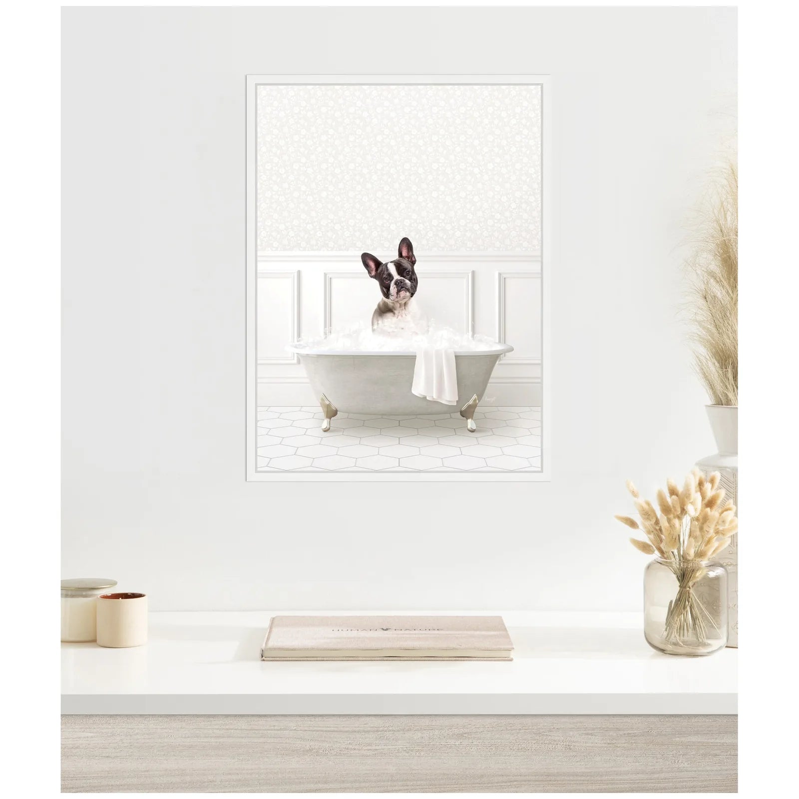 Charming French Bulldog nestled in bubbles in a gray bathtub, against a soft, patterned background. Perfect for pet lovers.