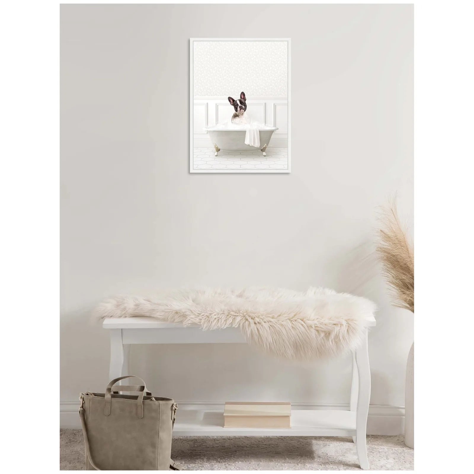 Charming French Bulldog in a white bathtub, framed canvas art against a soft beige wall and stylish decor.