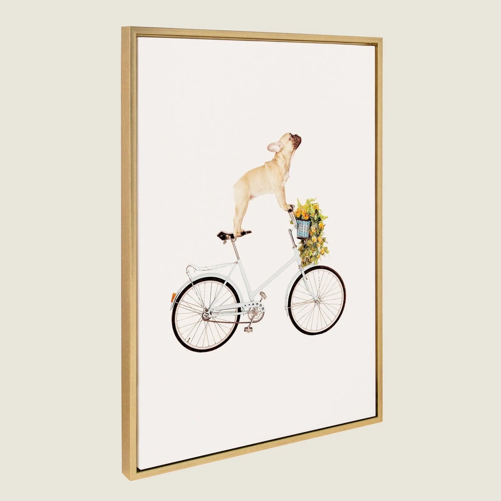 Playful French Bulldog standing on a white bicycle with flowers in a basket, framed in natural wood.