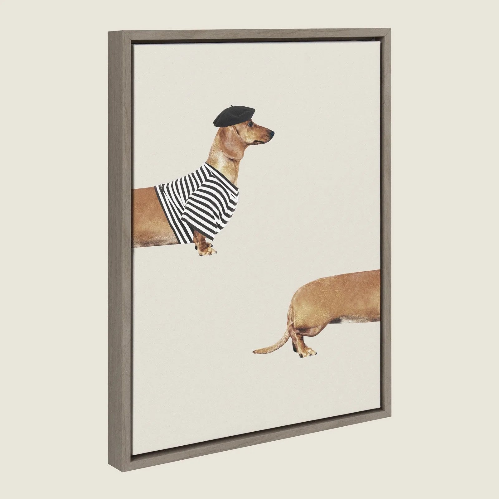 Framed canvas featuring a playful long dog in a striped shirt and beret, highlighting contemporary wall decor.