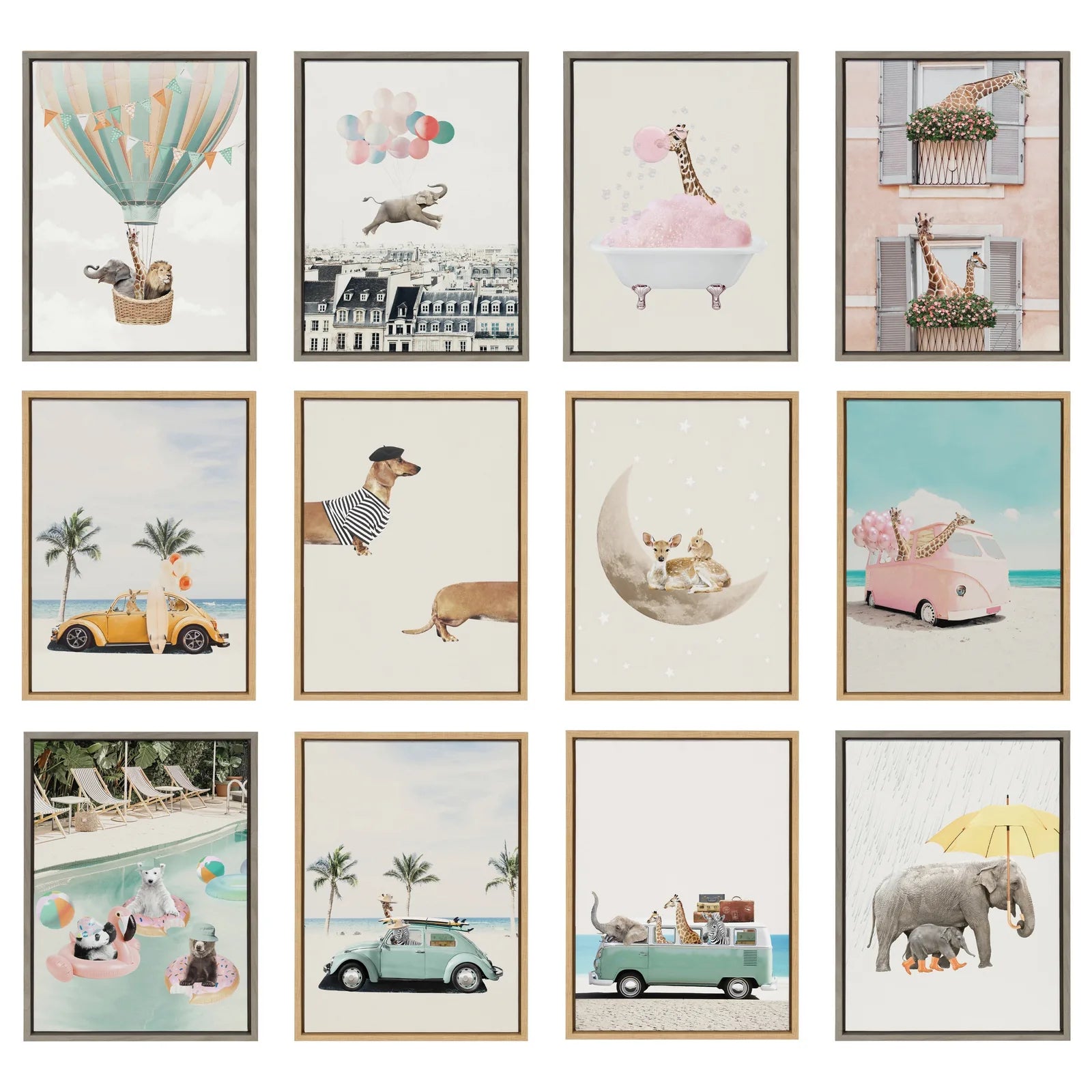 Framed canvas art featuring playful, abstract designs of long dogs in a vibrant and whimsical setting.