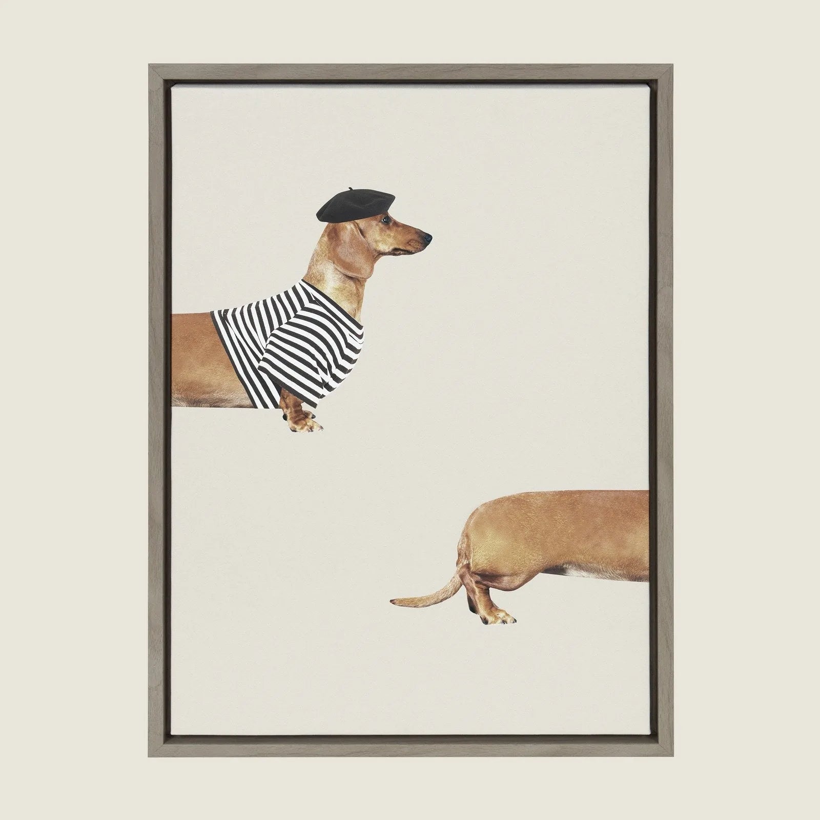 Framed canvas art featuring a playful abstract design of a long dog in a striped shirt and beret.