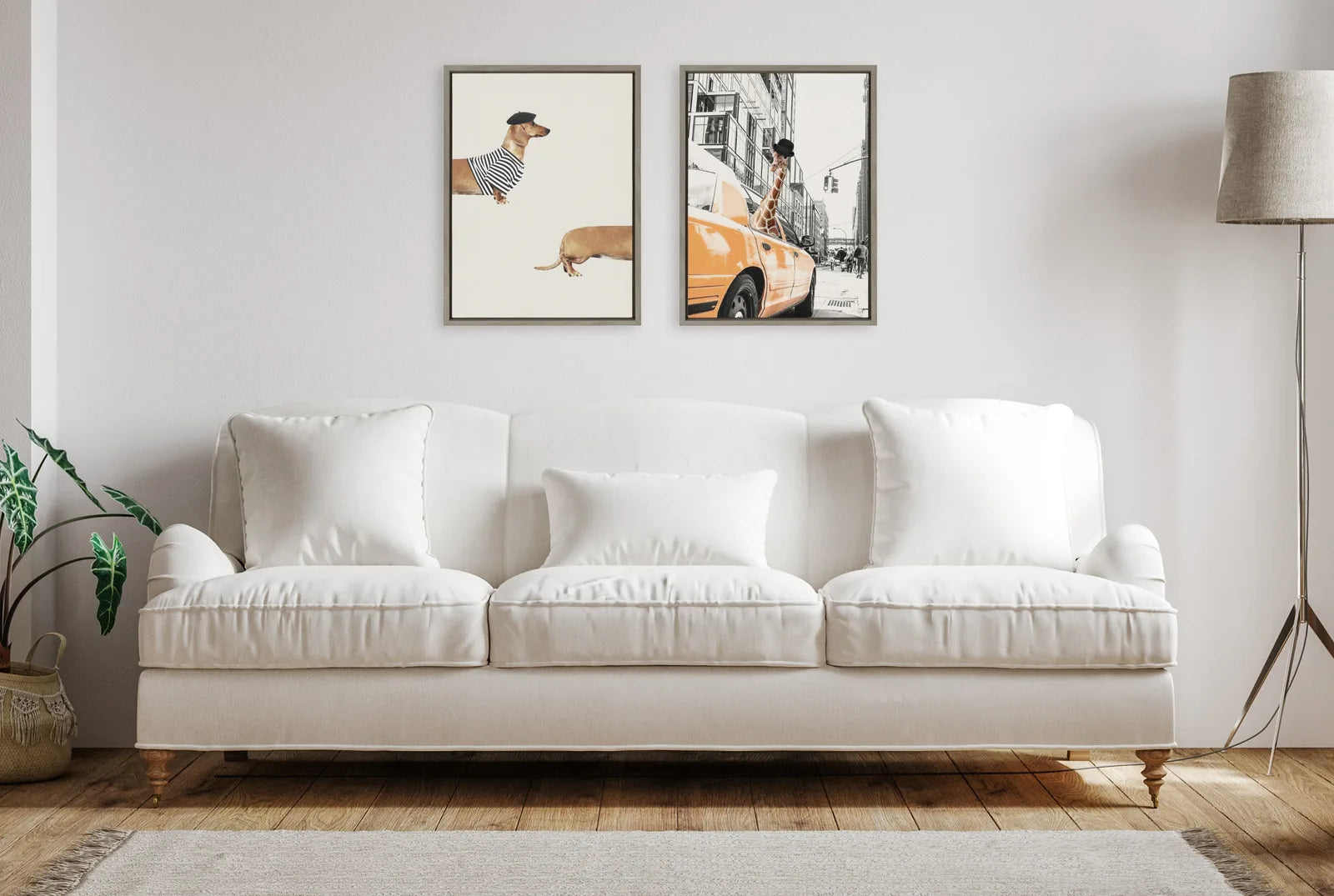 Framed canvas art featuring a playful long dog in a striped shirt, enhancing modern home decor.