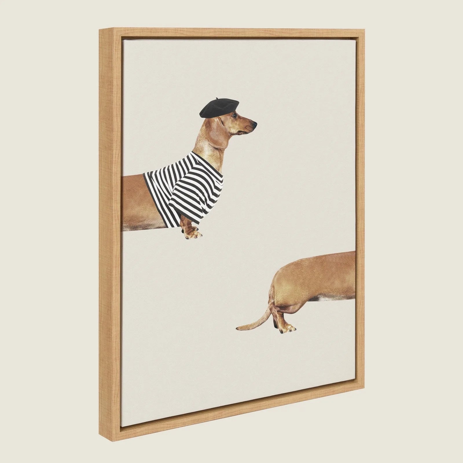 Framed canvas art featuring a long dog in a striped shirt and beret, set in a natural wood frame.