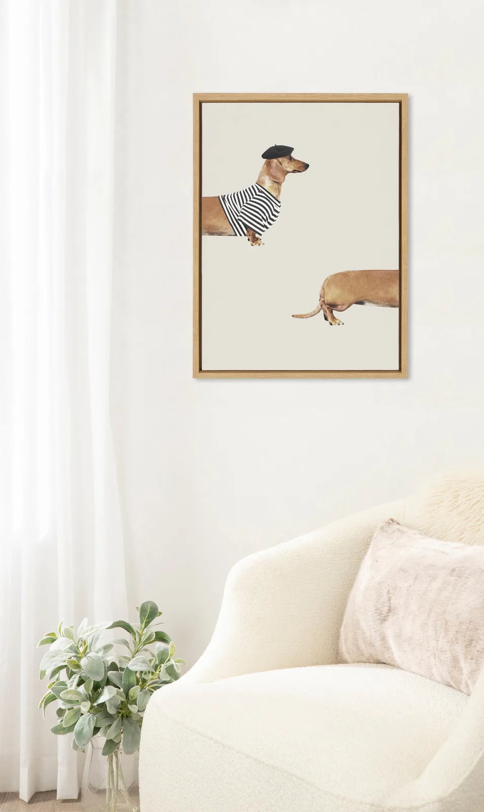 Framed canvas featuring a playful long dog in a striped shirt and beret against a light background, adding modern decor ap...