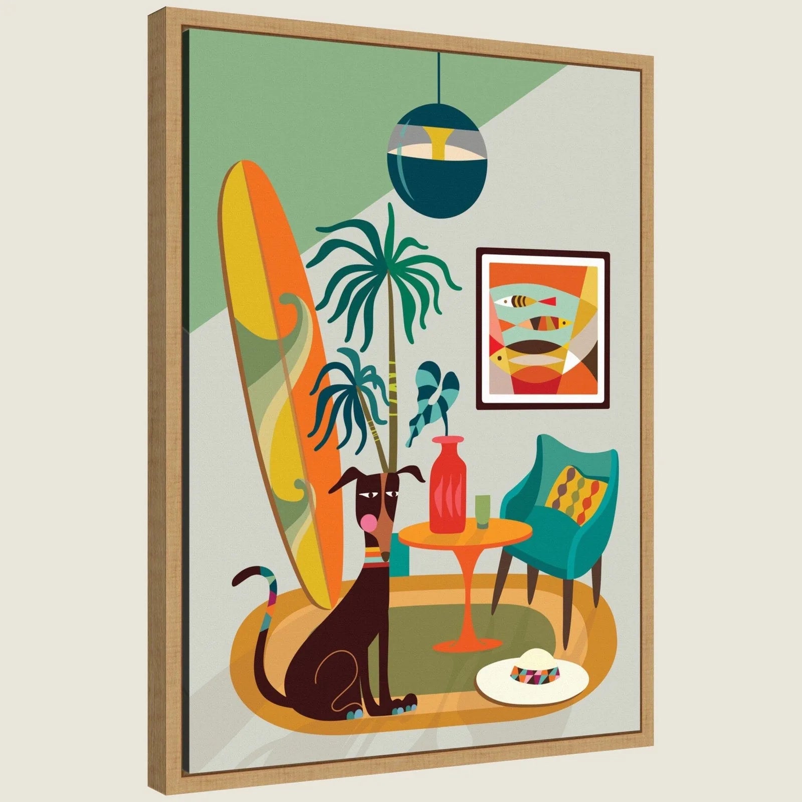 Colorful framed canvas art featuring a playful dog, surfboard, and modern décor in vibrant shades.