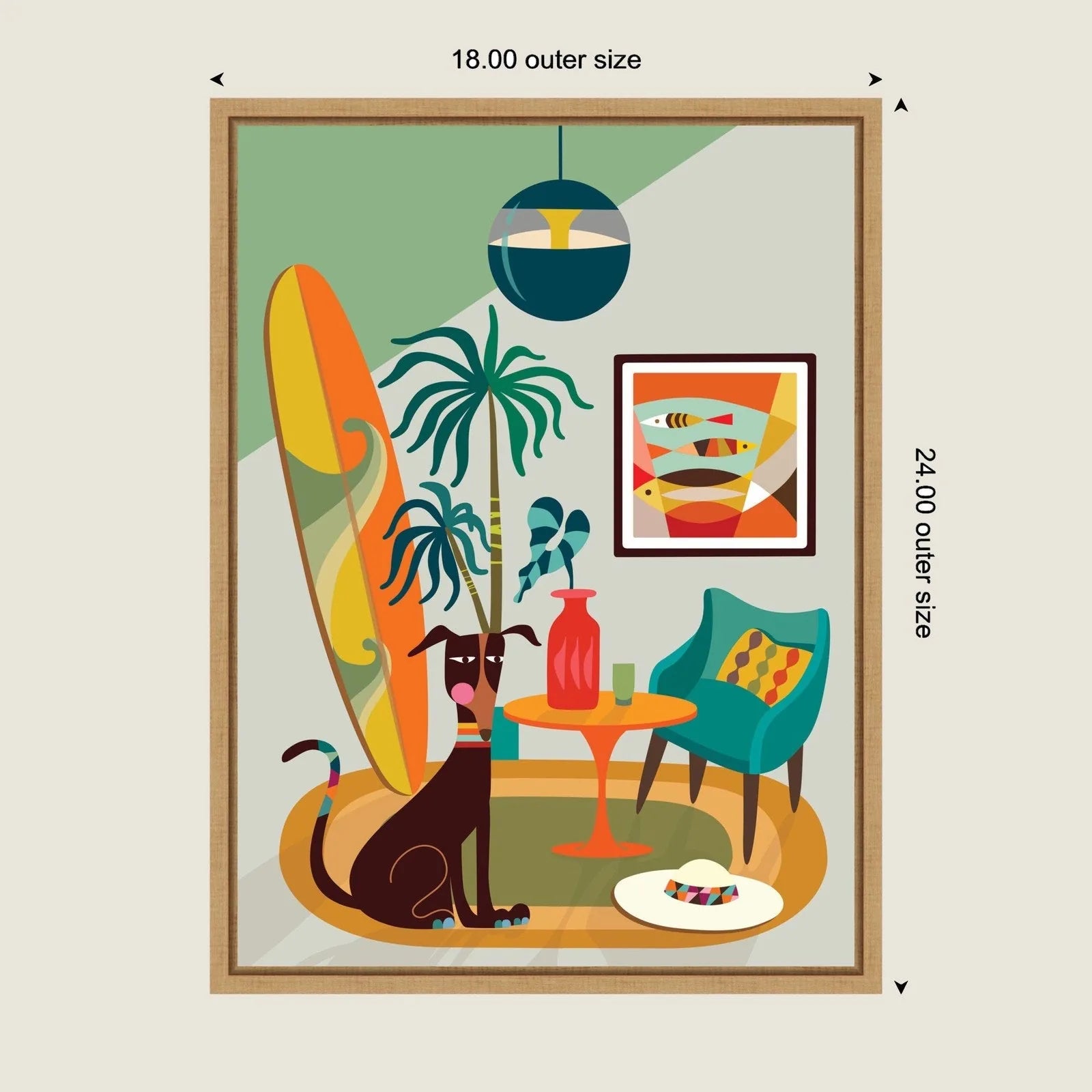 Colorful framed canvas art featuring a playful dog, surfboard, and modern décor elements in vibrant shades.