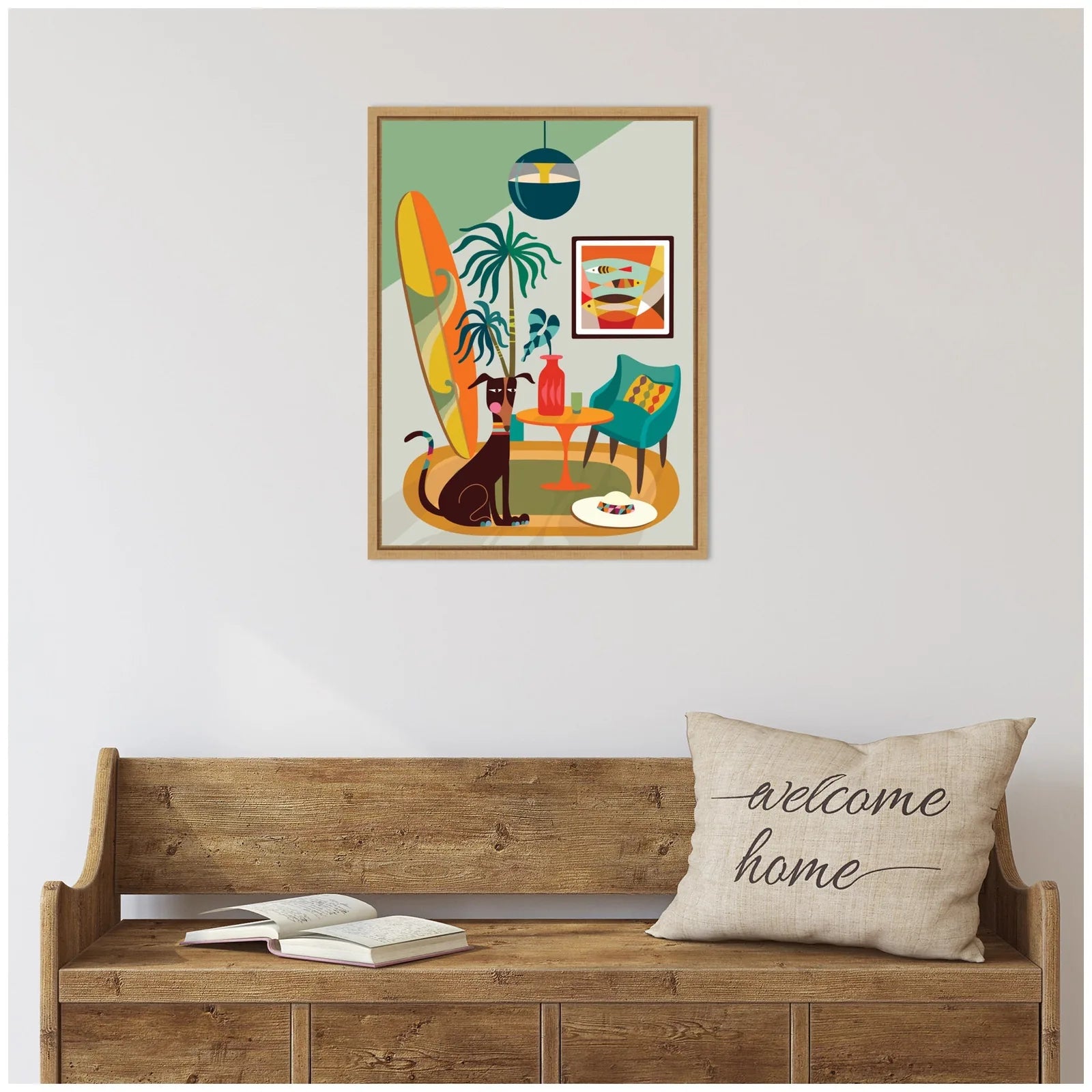 Colorful framed canvas artwork featuring a dog in a beach-themed living room setting, with modern furnishings and decor.