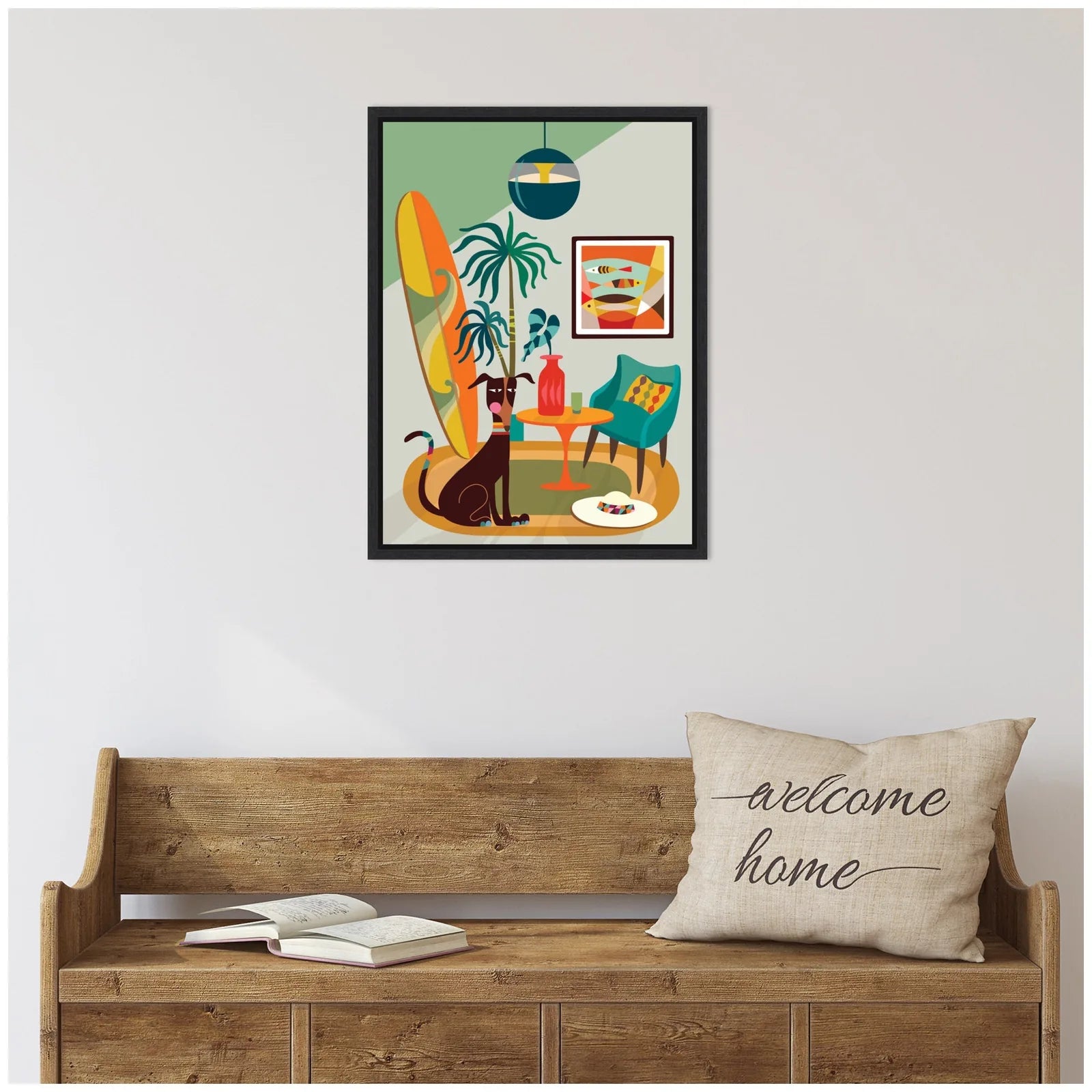 Colorful dog-themed canvas art featuring a black dog near a table with vibrant decor, framed in a modern black frame.