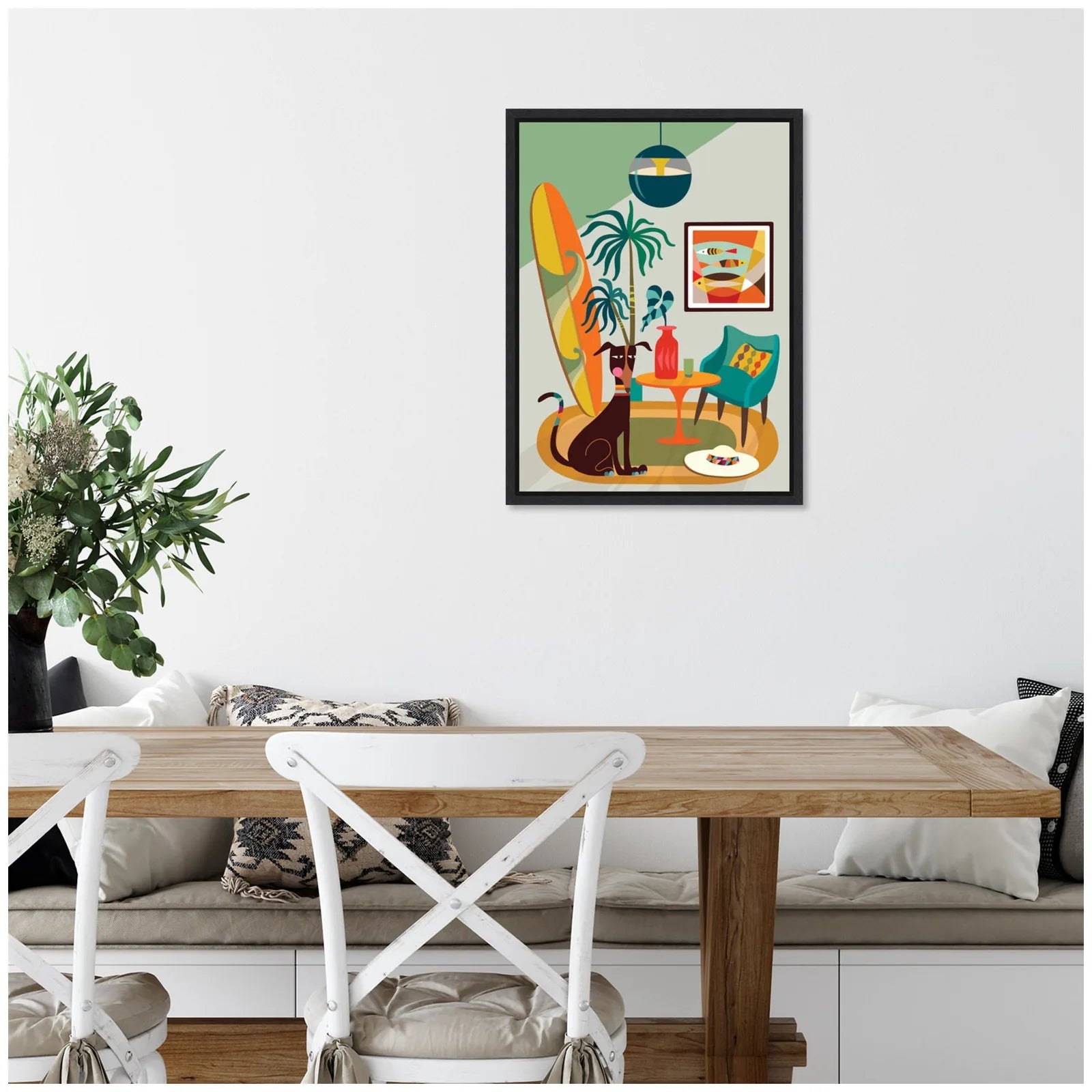 Colorful framed canvas art titled "MCM Dog Beach Home," featuring a dog in a modern living space with a surfboard.