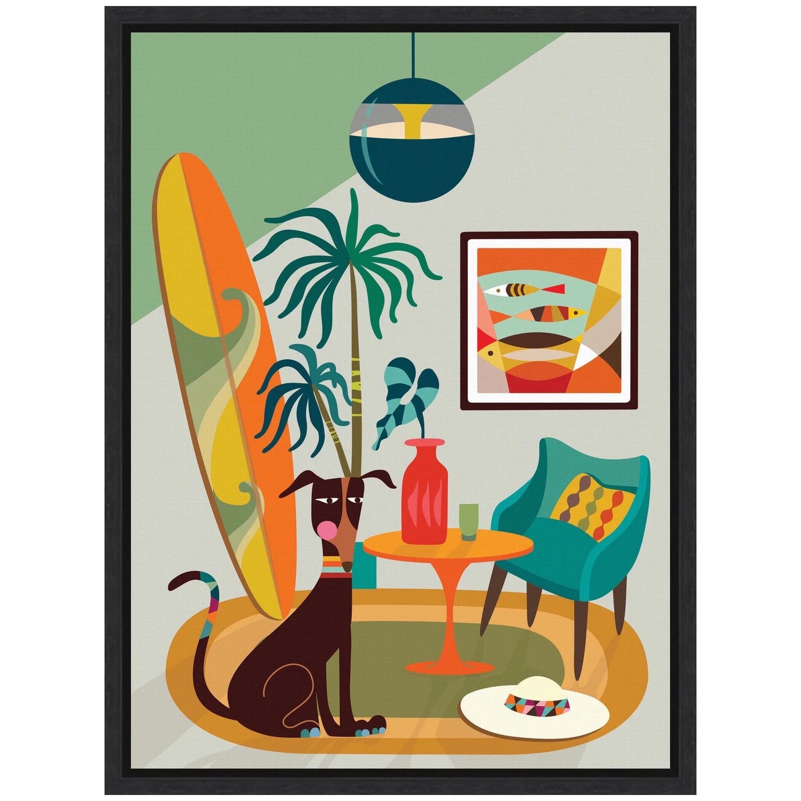 Colorful dog-themed canvas art featuring a brown dog, surfboard, plants, and a modern chair with a vibrant design.