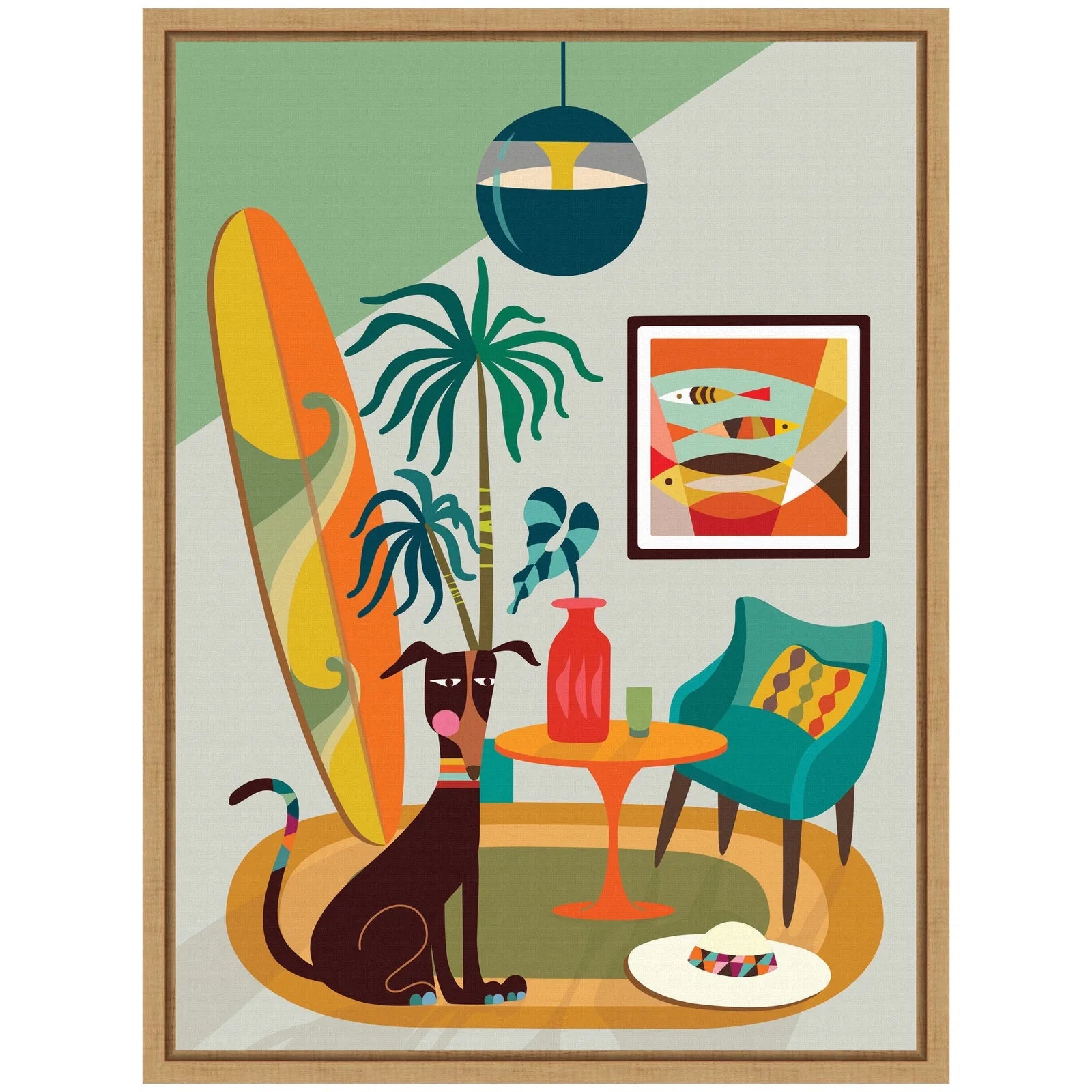 Colorful dog-themed canvas art featuring a black dog, surfboard, and vibrant decor in a modern setting.