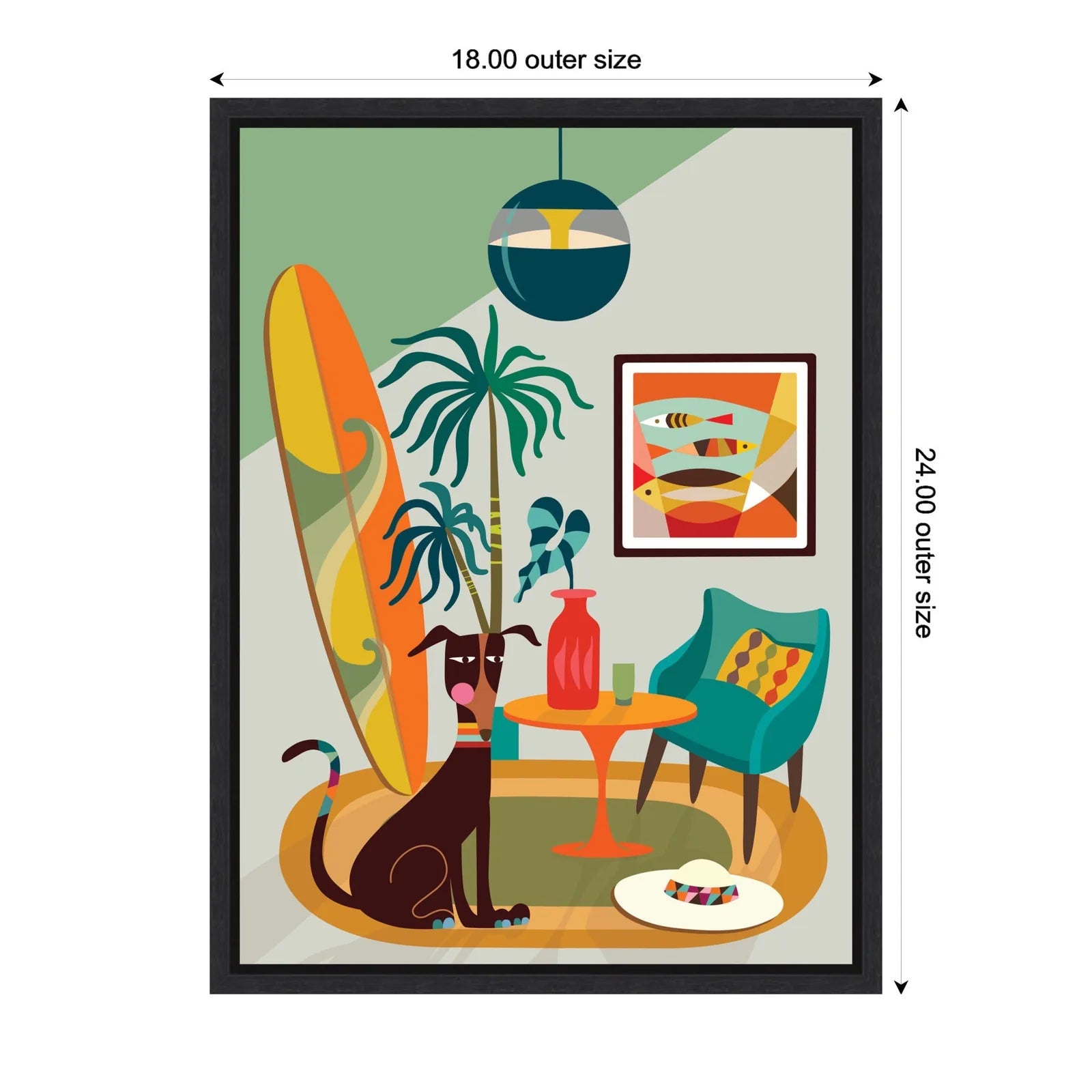 Colorful dog-themed canvas featuring a seated dog, surfboard, tropical plants, and vibrant decor in a modern setting.