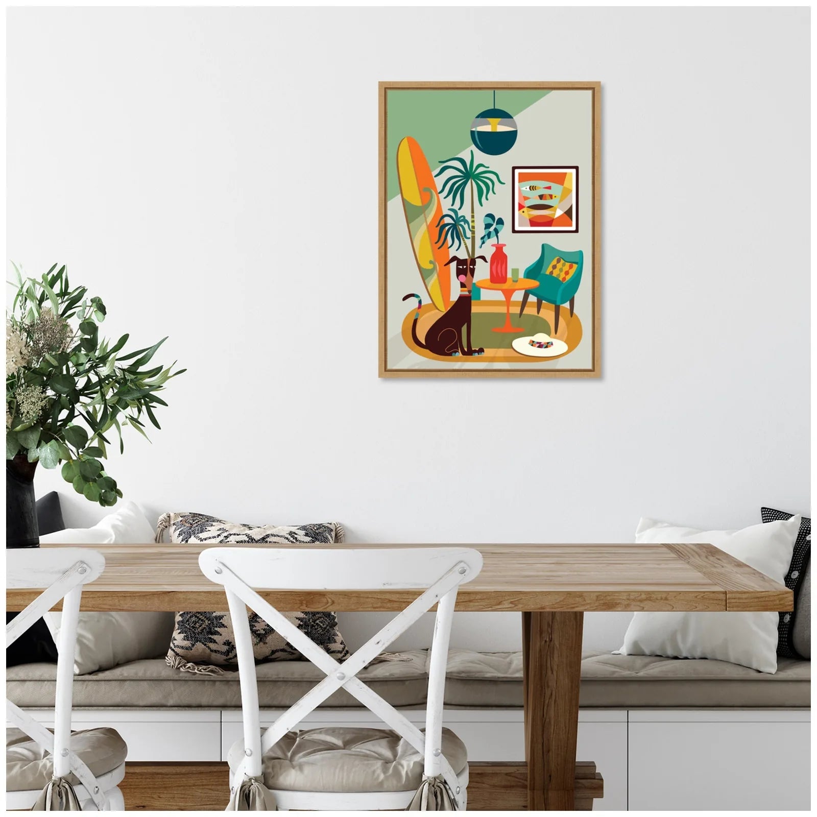 Colorful framed canvas art featuring a playful dog in a vibrant living space with modern decor and tropical plants.