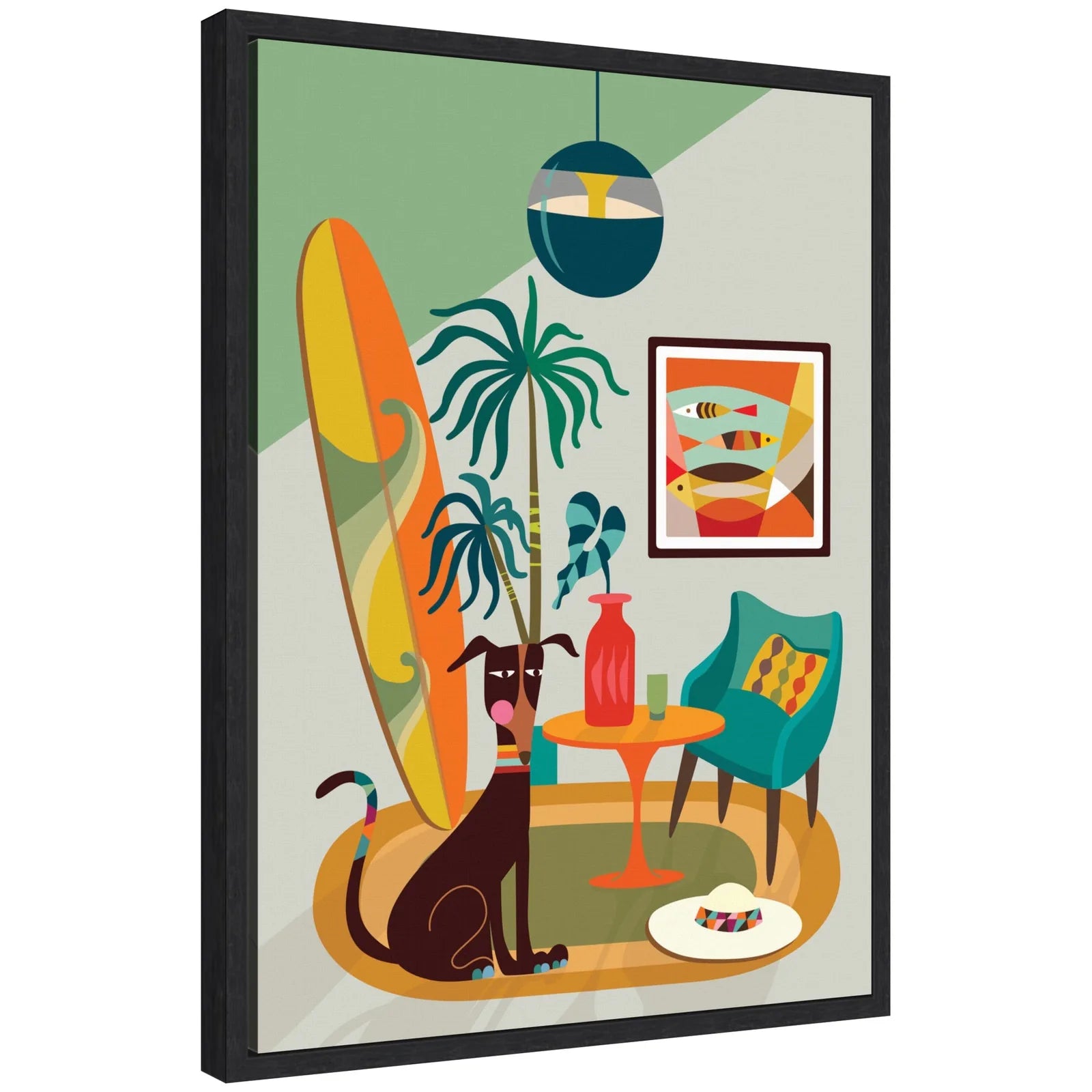 Colorful framed canvas featuring a dog, surfboard, plants, and cheerful decor in a cozy interior scene.