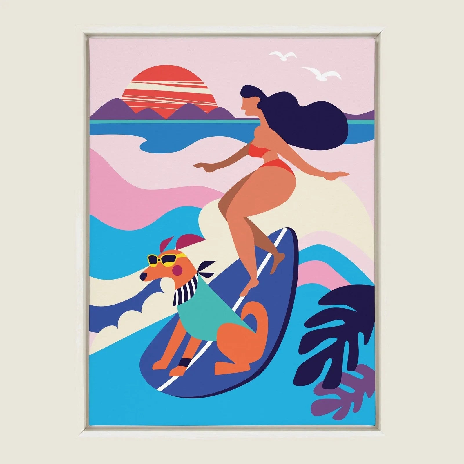 Framed canvas art featuring a colorful surf dog and woman surfing at sunset with pink and blue waves.