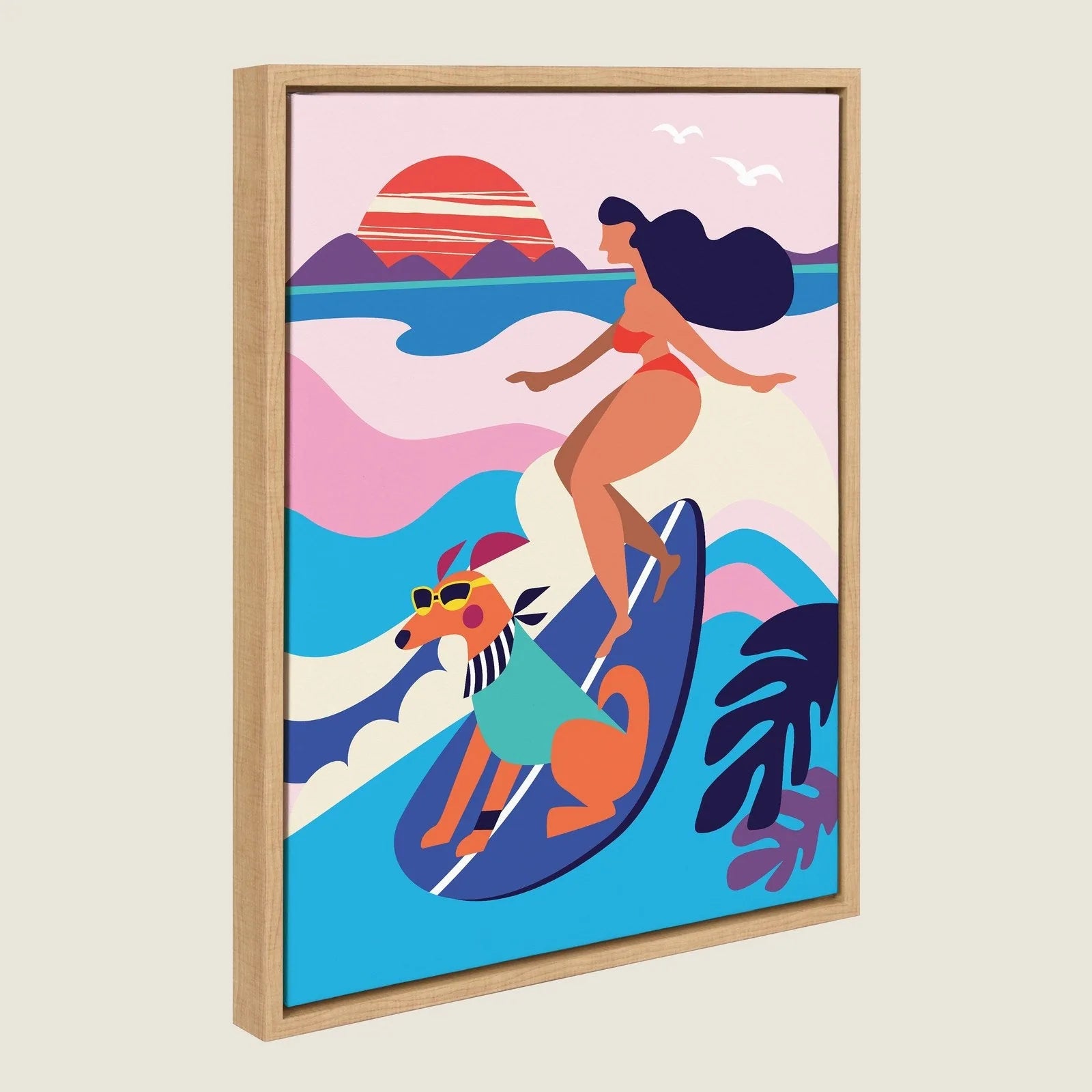 Playful mid-century modern surf dog on a blue surfboard with a surfer, framed in natural wood, vibrant colors.