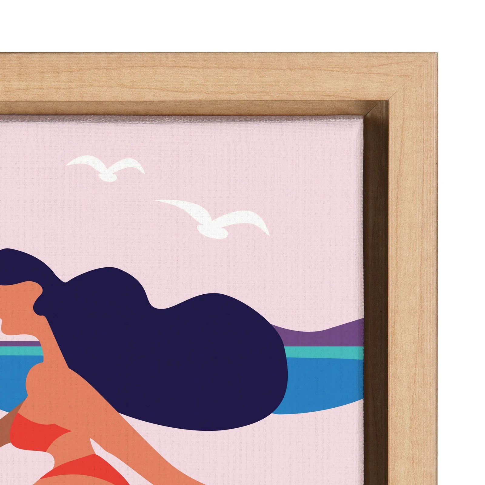 Framed canvas art featuring a playful surf dog design in vivid colors, set in a natural wood frame.