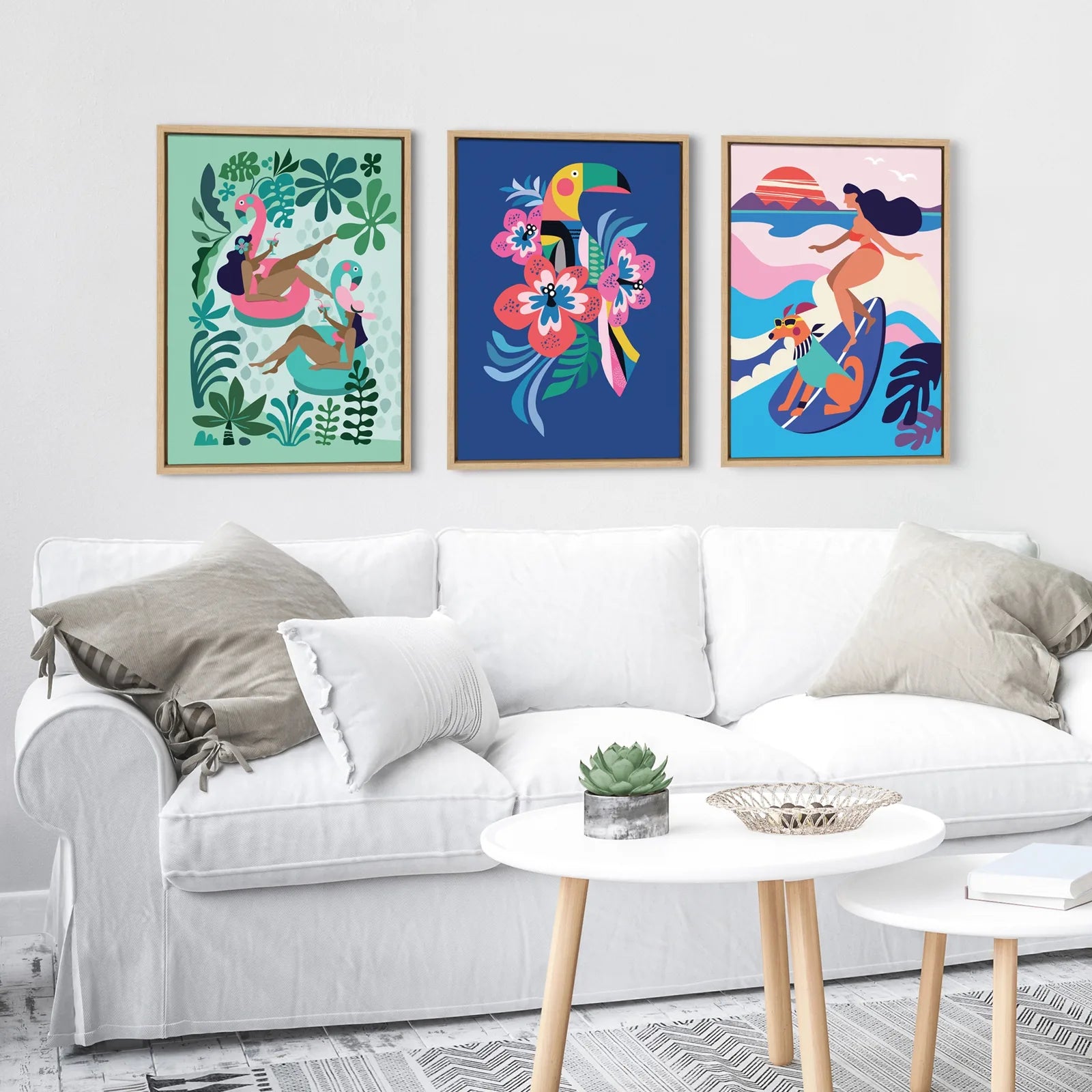 Playful mid-century modern surf dog art in a light brown frame, showcasing vibrant colors and a whimsical design.
