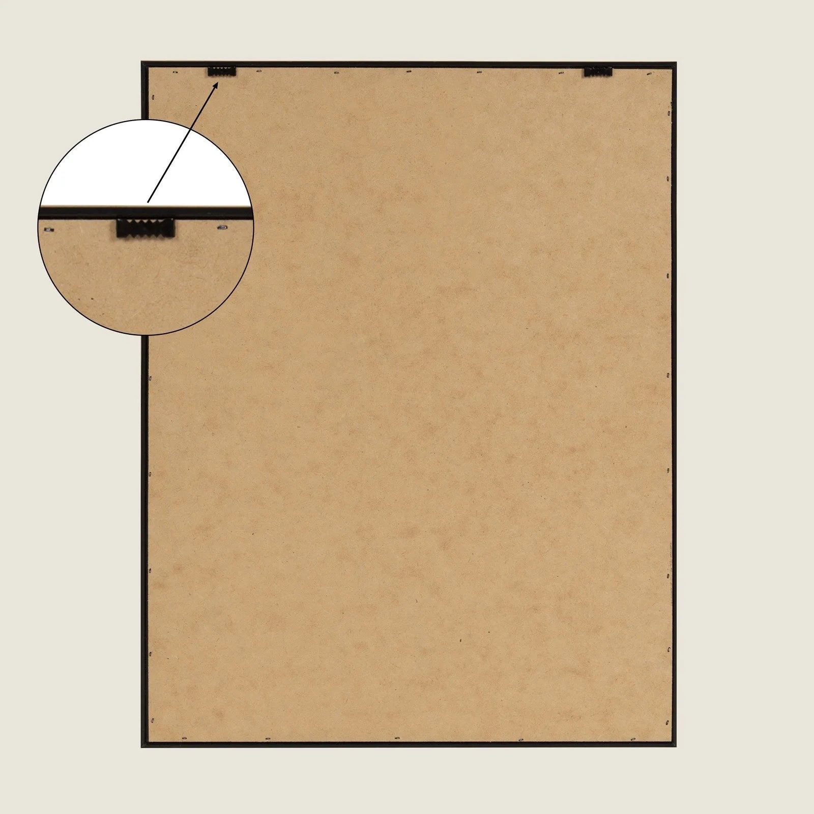 Back of a framed canvas with a smooth MDF surface, lightweight black polystyrene frame, and pre-attached hanging hardware.
